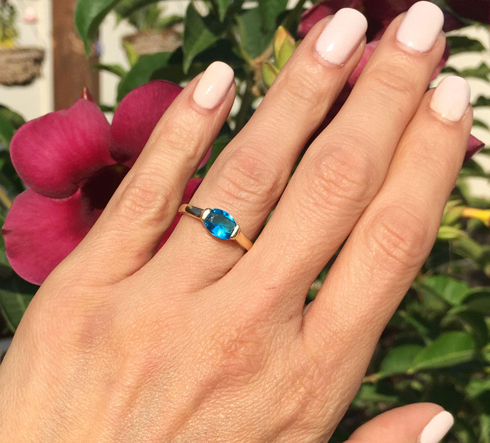 Oval Blue Topaz Gemstone Simple Stacking Ring - H.L.Jewelry