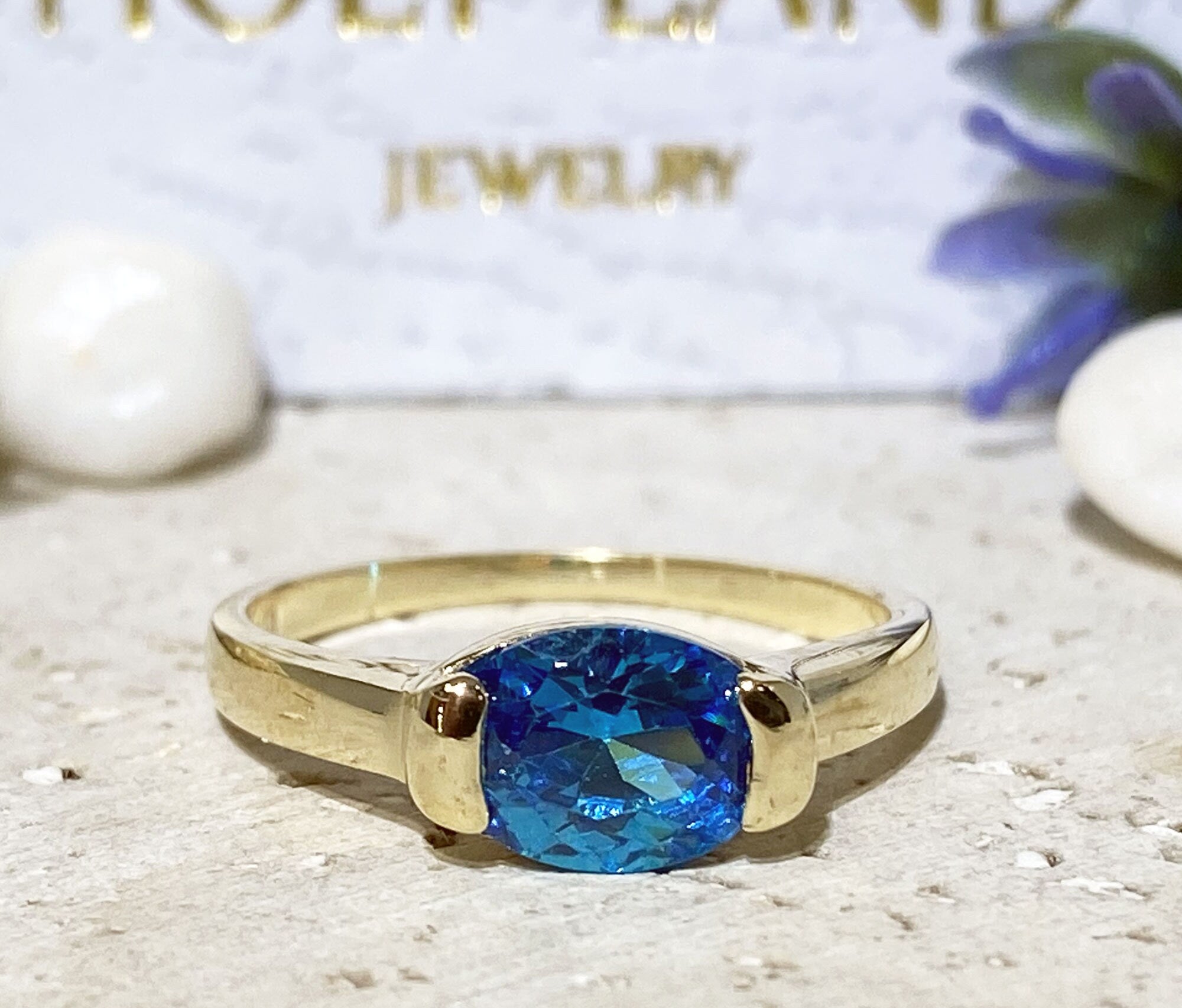 Oval Blue Topaz Gemstone Simple Stacking Ring - H.L.Jewelry
