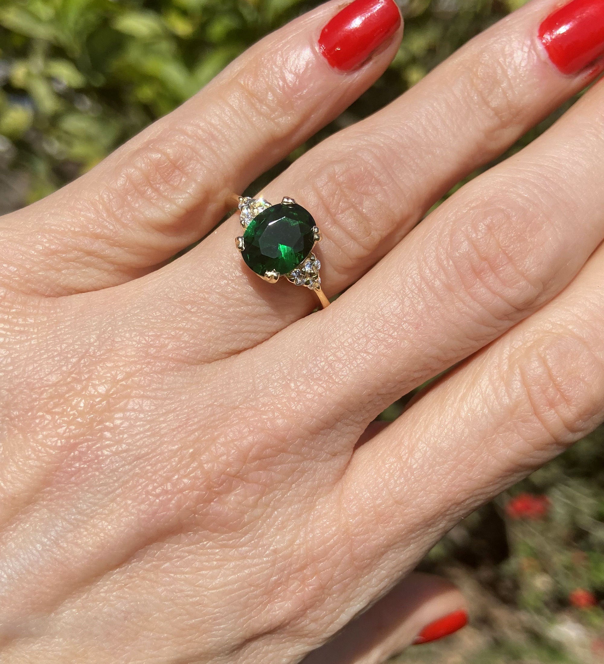 Oval Emerald Engagement Ring with Clear Quartz Accents - H.L.Jewelry