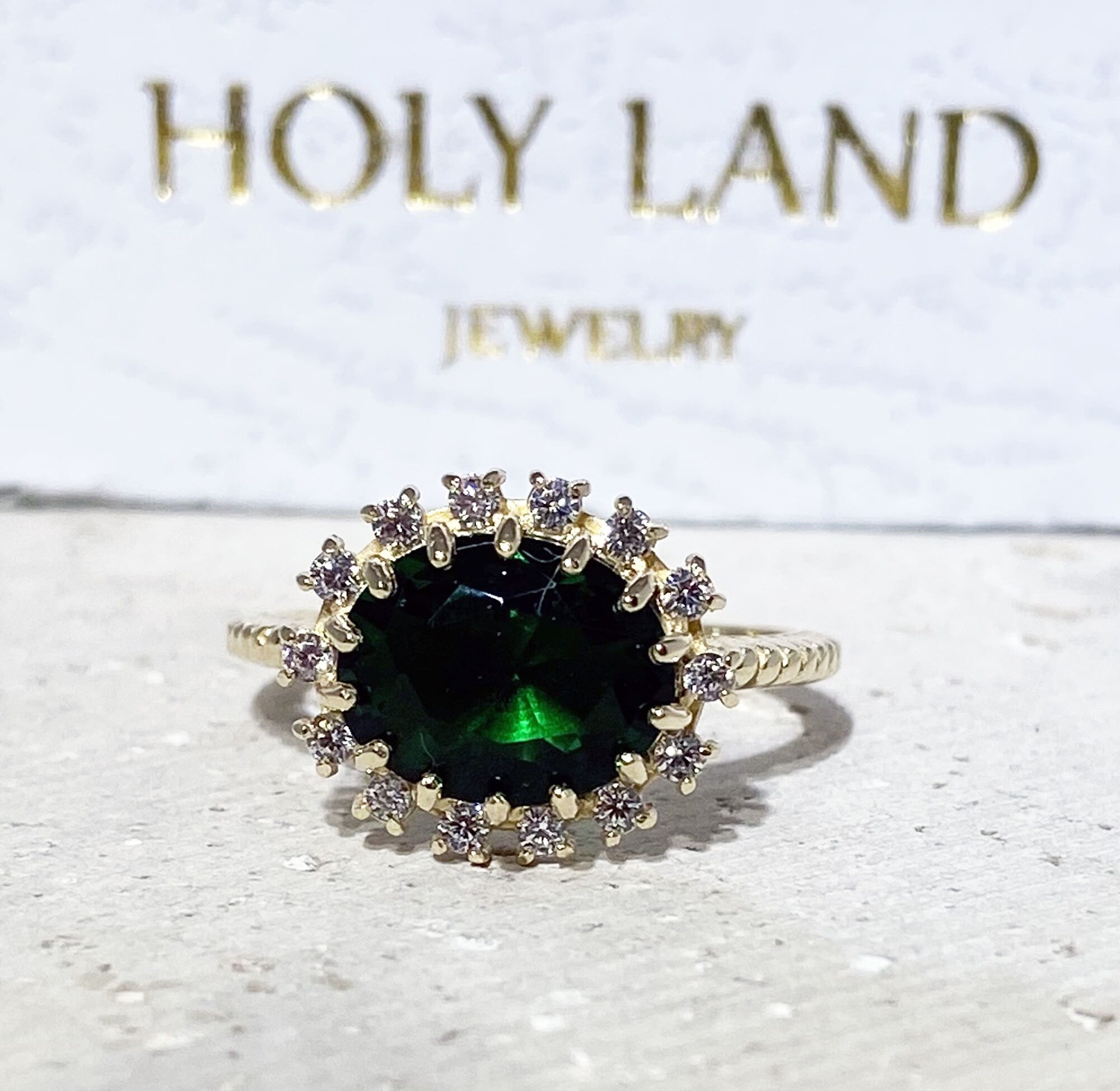 Oval Emerald Engagement Ring with Clear Quartz Halo - H.L.Jewelry