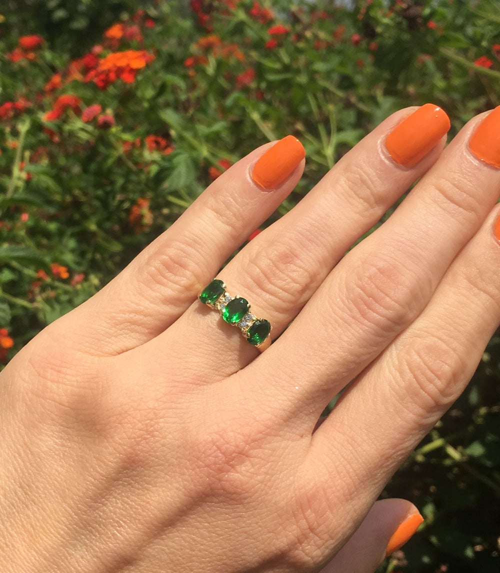 Oval Emerald Three Stone Ring with Clear Quartz Accents - H.L.Jewelry