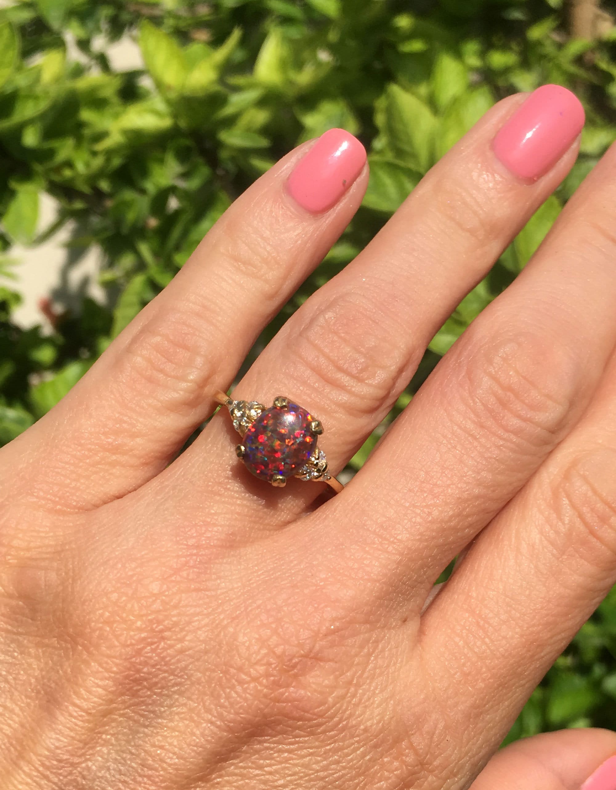 Oval Fire Opal Engagement Ring with Clear Quartz Accents - H.L.Jewelry
