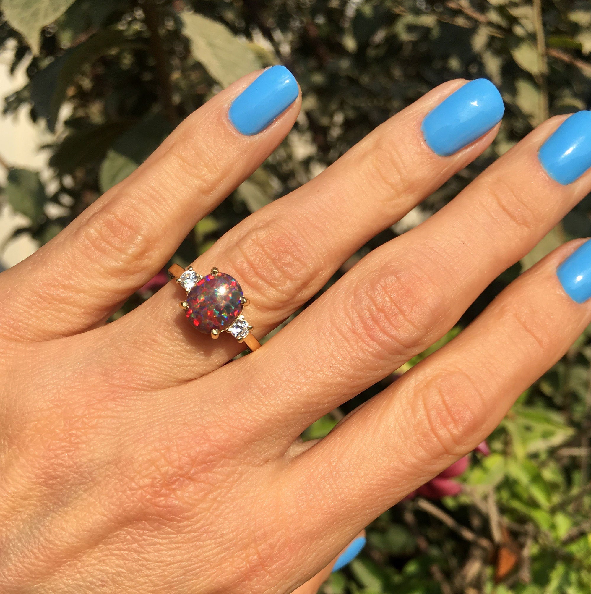 Oval Fire Opal Gemstone Ring with Clear Quartz Accents - H.L.Jewelry