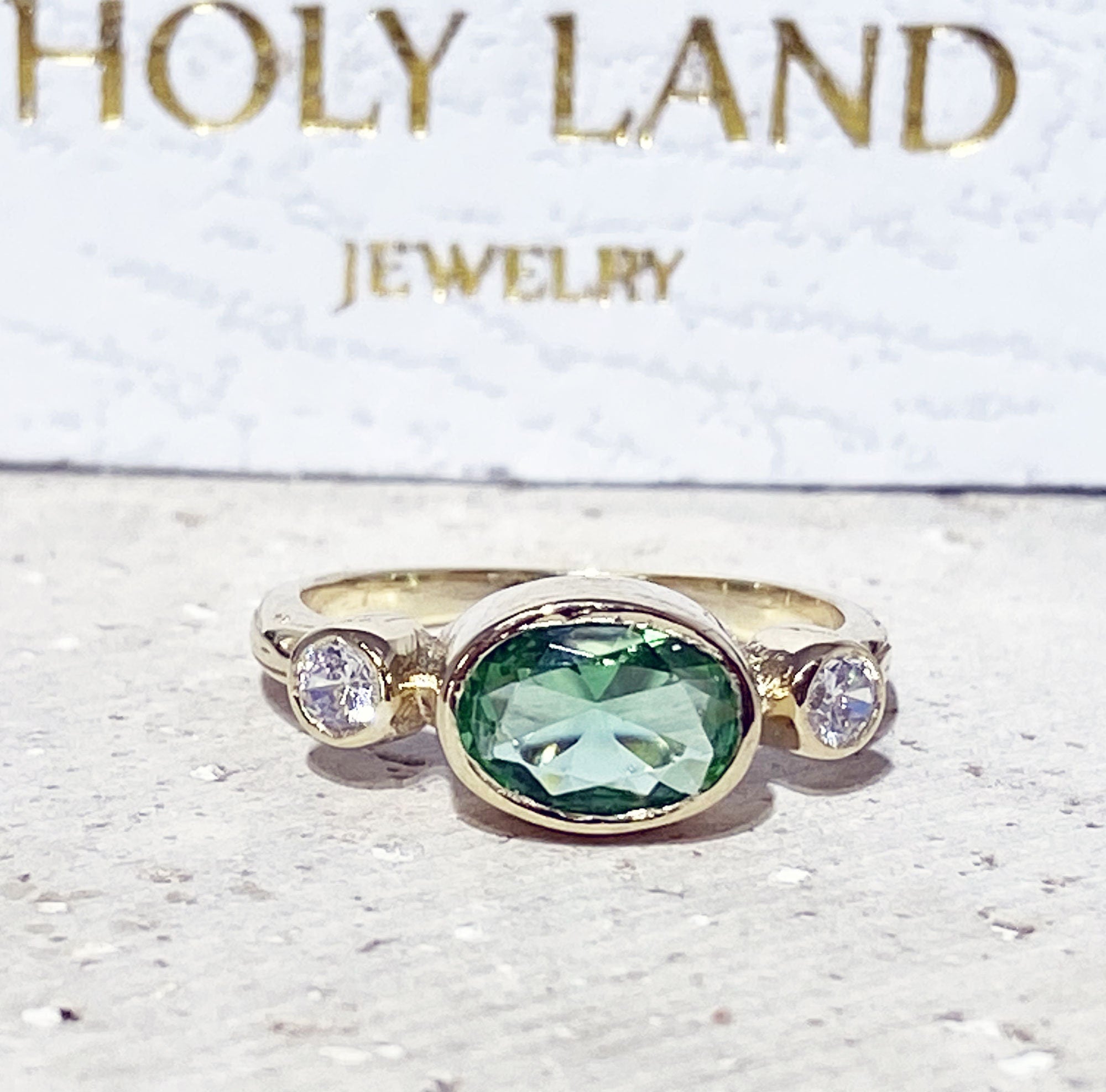 Oval Green Sapphire Bezel Ring with Clear Quartz Accents - H.L.Jewelry