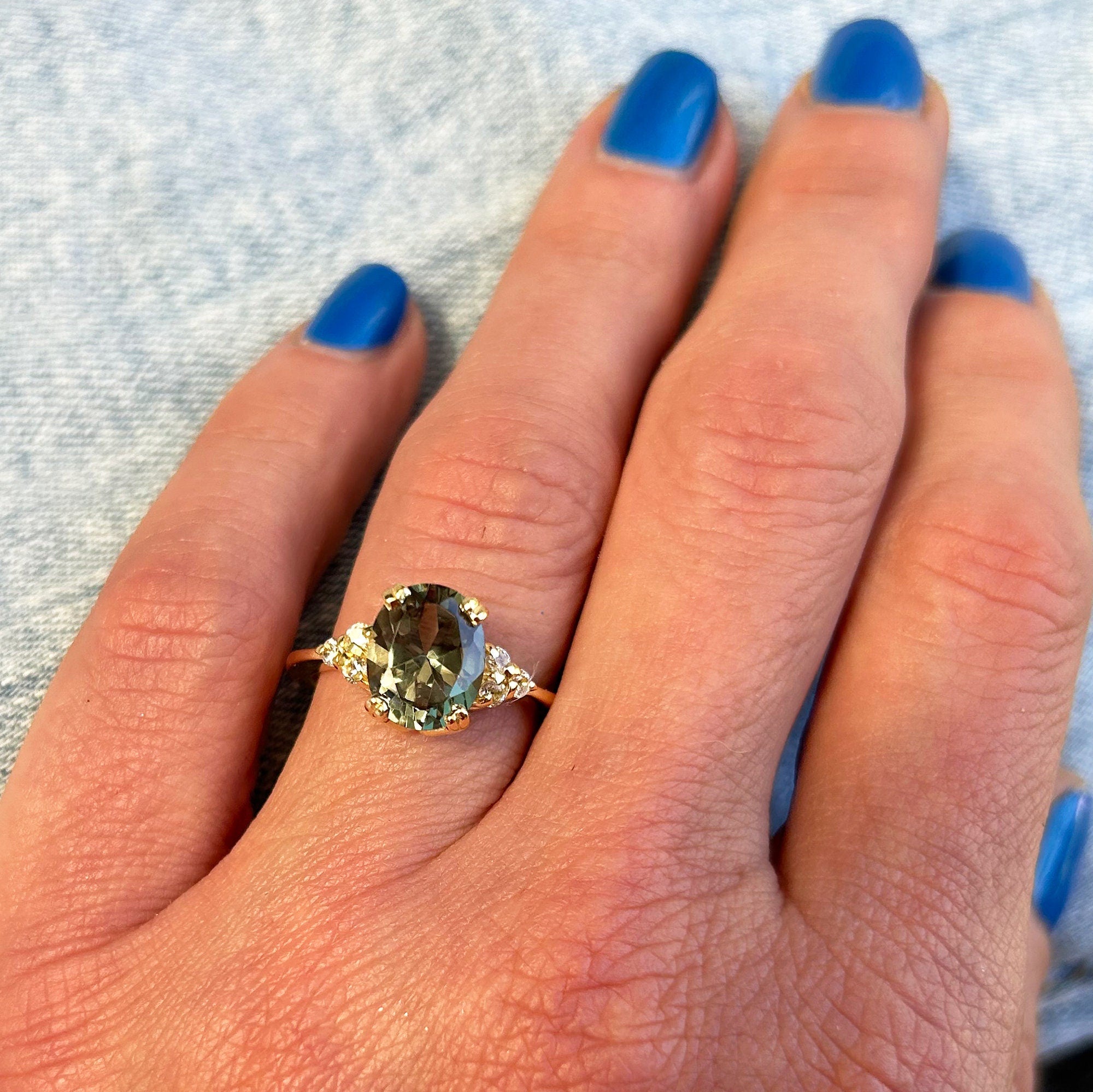 Oval Green Tourmaline Engagement Ring with Clear Quartz Accents - H.L.Jewelry