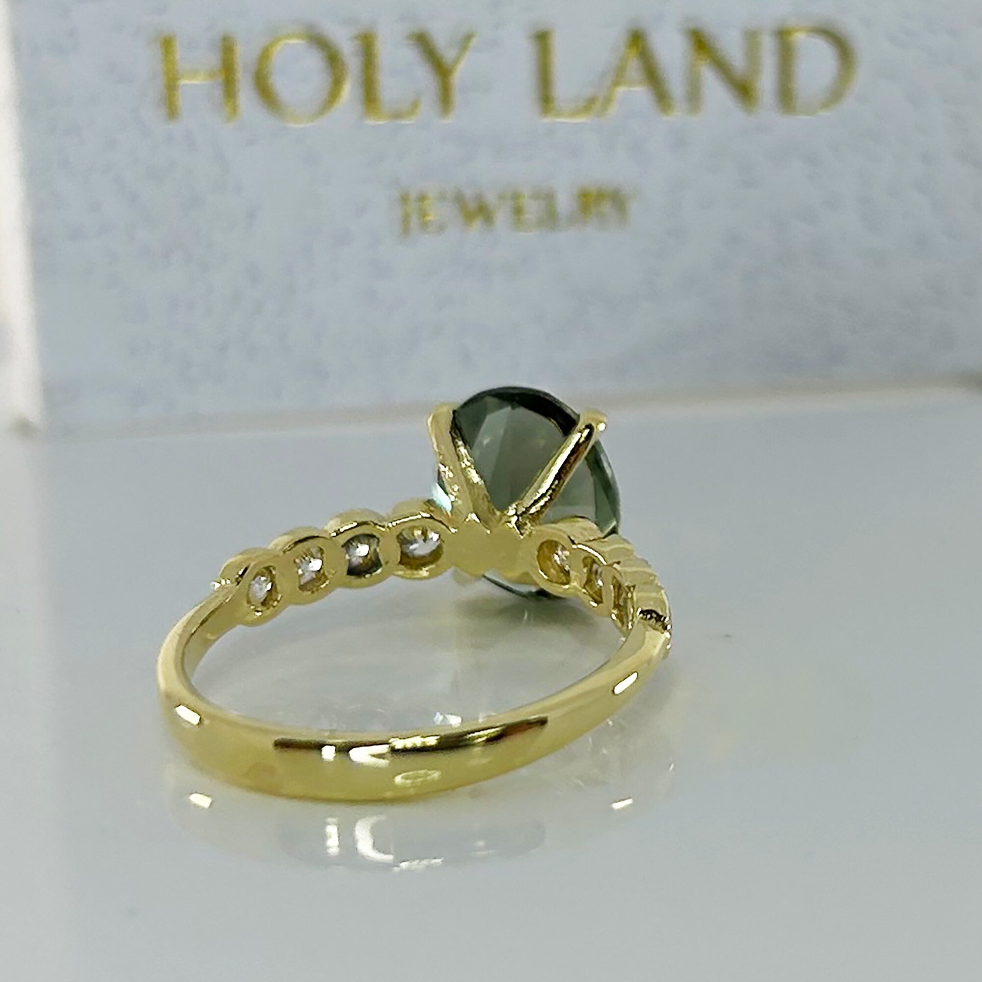Oval Green Tourmaline Engagement Ring with Clear Quartz Accents - H.L.Jewelry