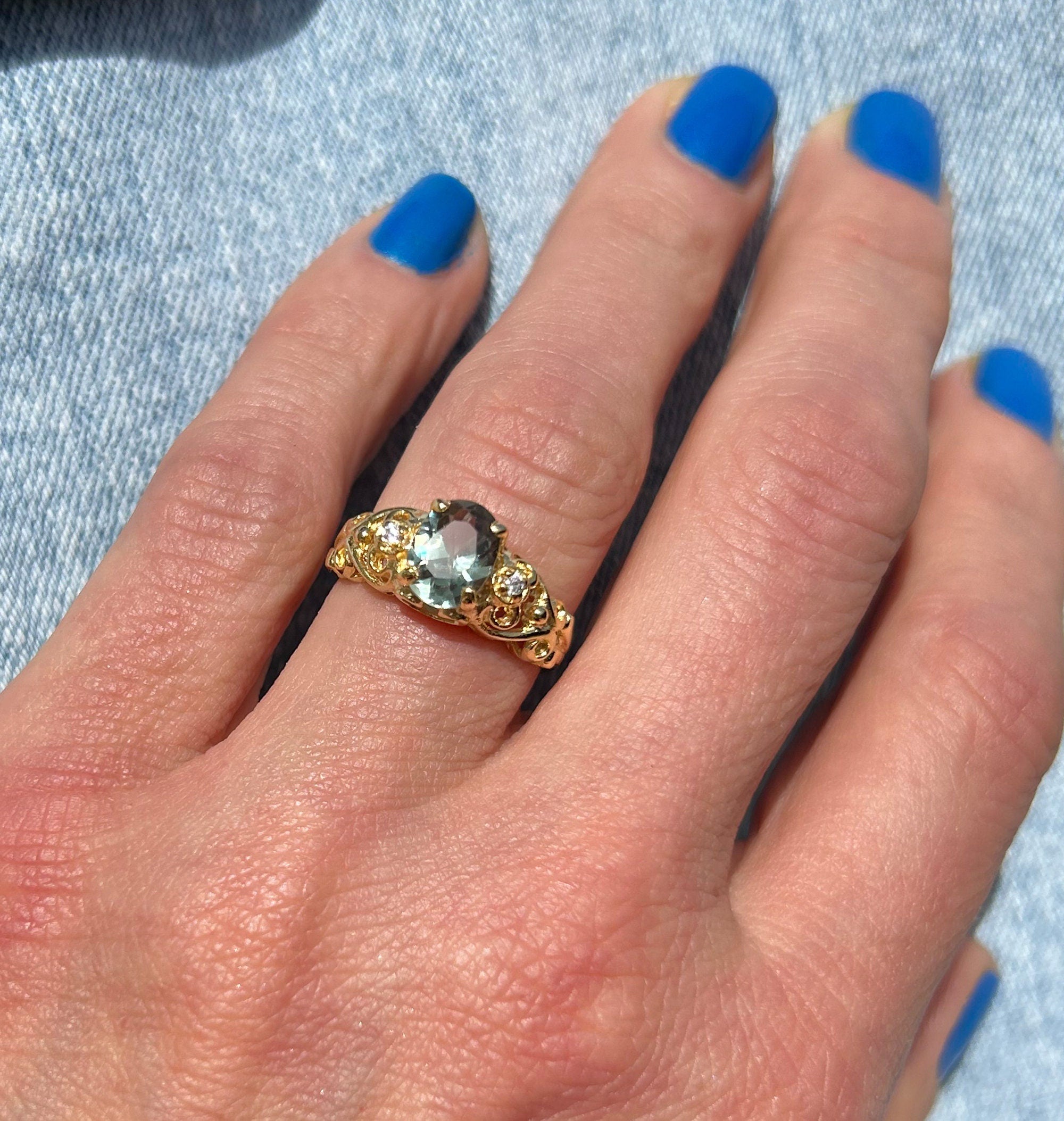 Oval Green Tourmaline Filigree Ring with Clear Quartz Accents - H.L.Jewelry