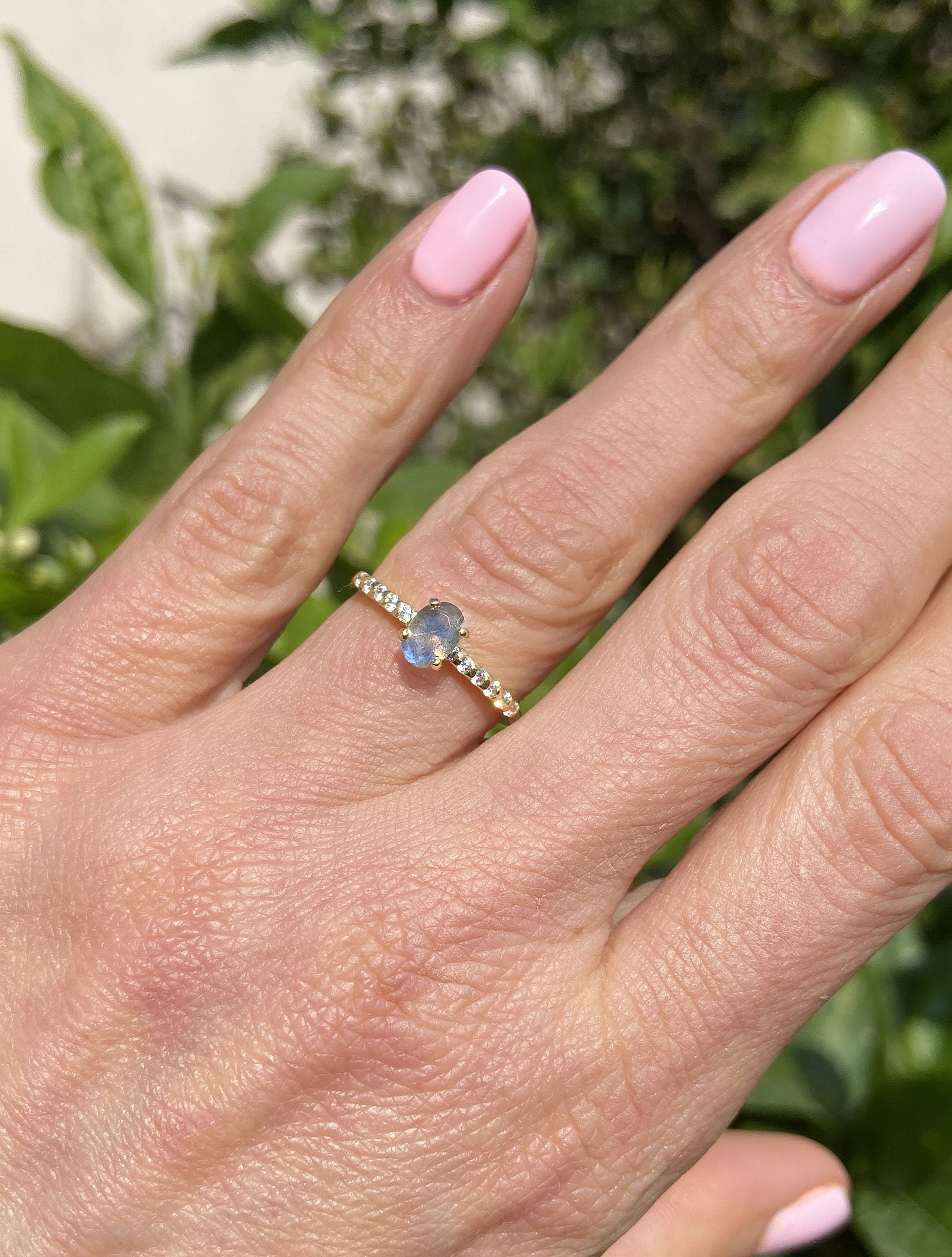 Oval Labradorite Delicate Ring with Clear Quartz Accents - H.L.Jewelry