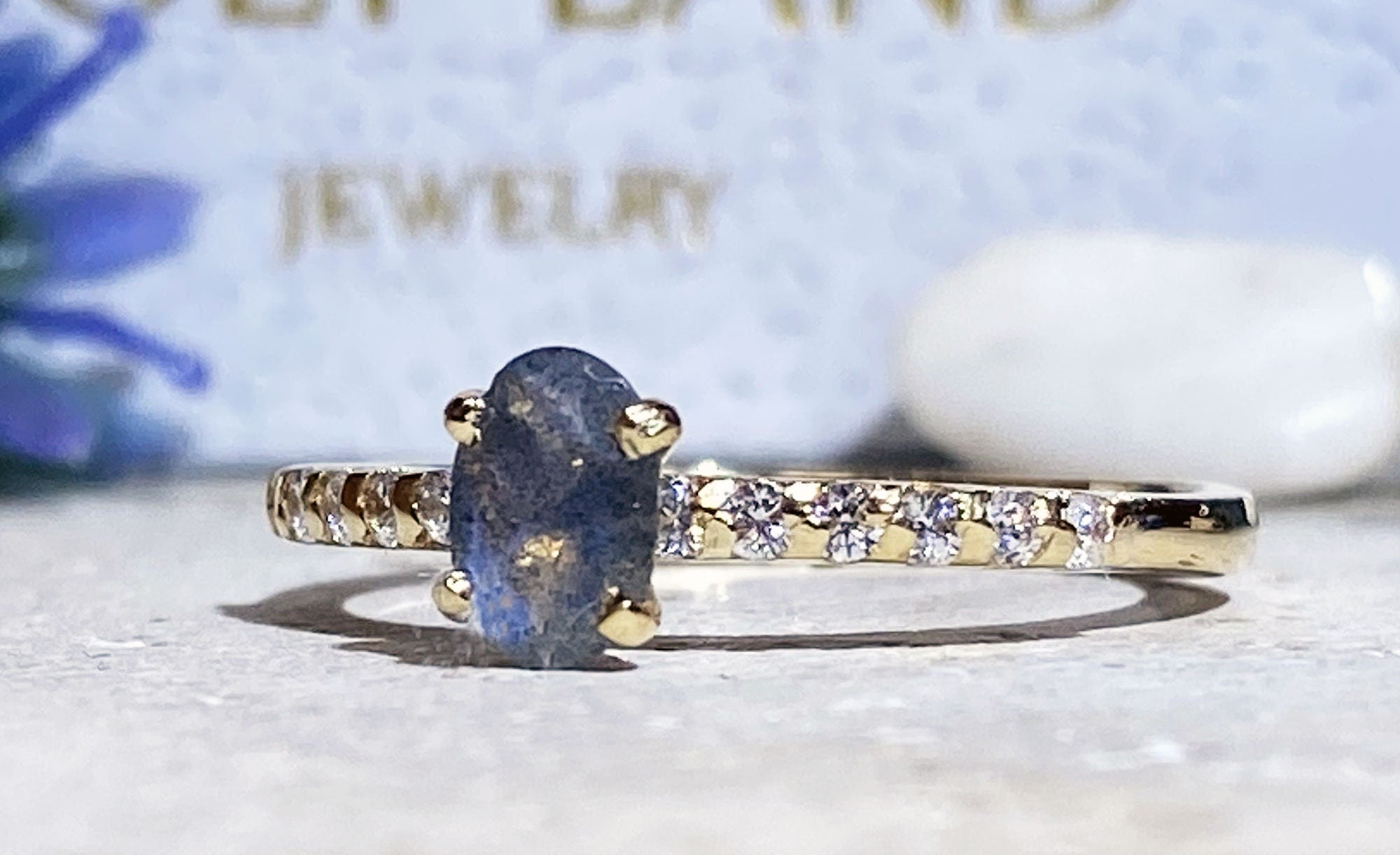 Oval Labradorite Delicate Ring with Clear Quartz Accents - H.L.Jewelry