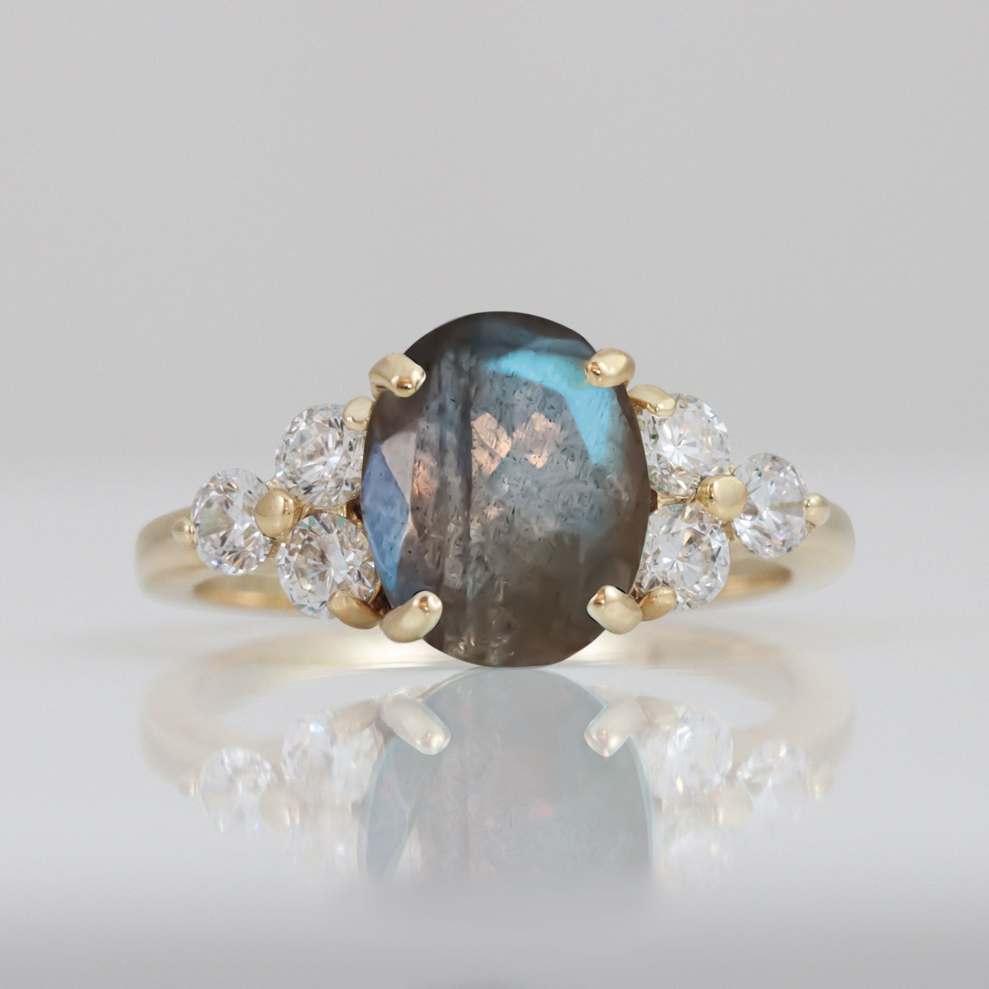 Oval Labradorite Engagement Ring with Clear Quartz Accents - H.L.Jewelry