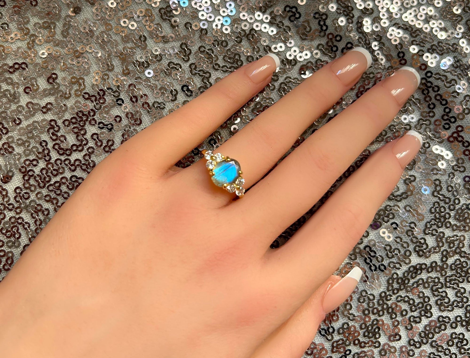 Oval Labradorite Engagement Ring with Clear Quartz Accents - H.L.Jewelry