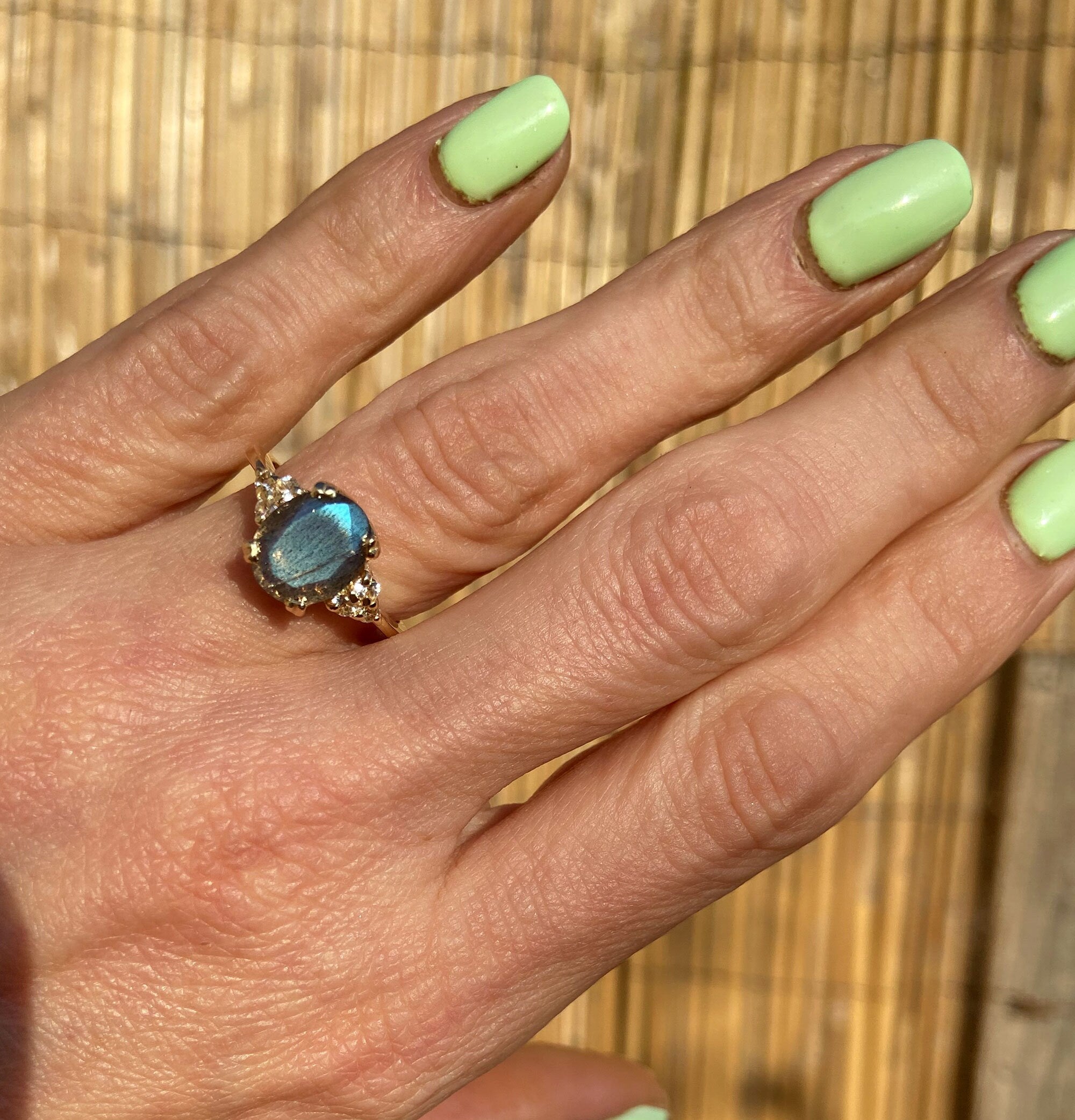 Oval Labradorite Engagement Ring with Clear Quartz Accents - H.L.Jewelry