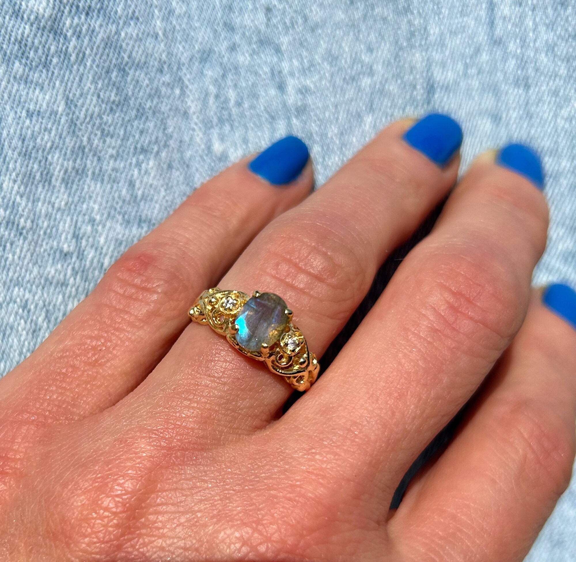 Oval Labradorite Filigree Ring with Clear Quartz Accents - H.L.Jewelry