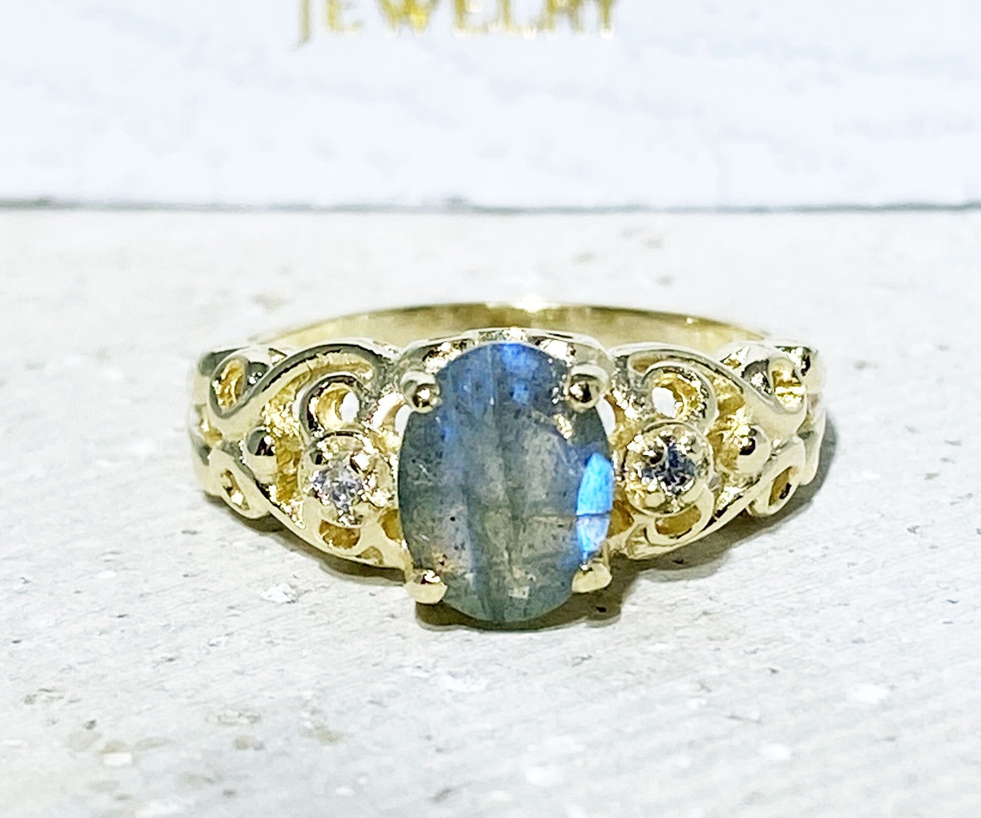 Oval Labradorite Filigree Ring with Clear Quartz Accents - H.L.Jewelry