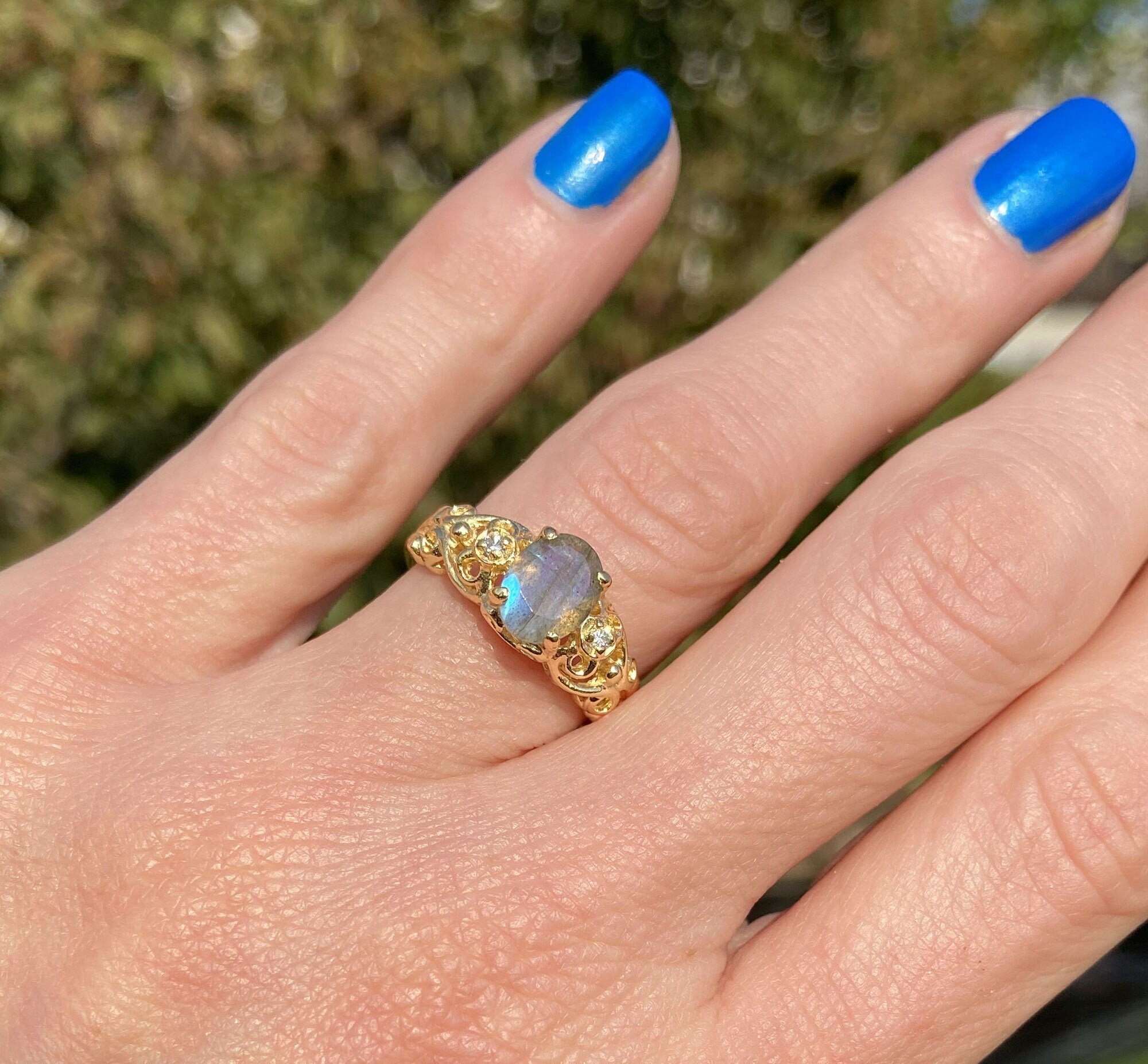 Oval Labradorite Filigree Ring with Clear Quartz Accents - H.L.Jewelry