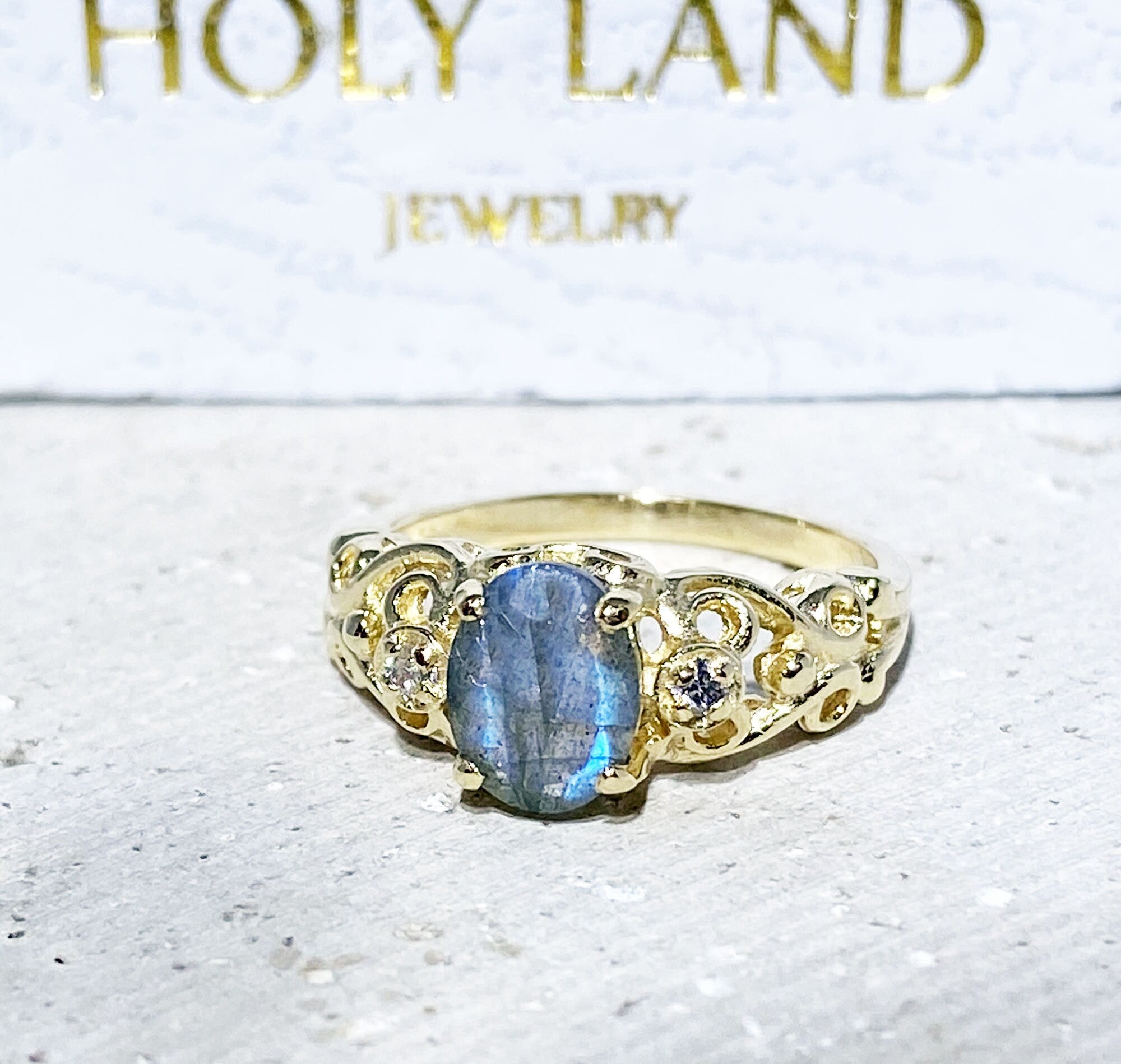 Oval Labradorite Filigree Ring with Clear Quartz Accents - H.L.Jewelry