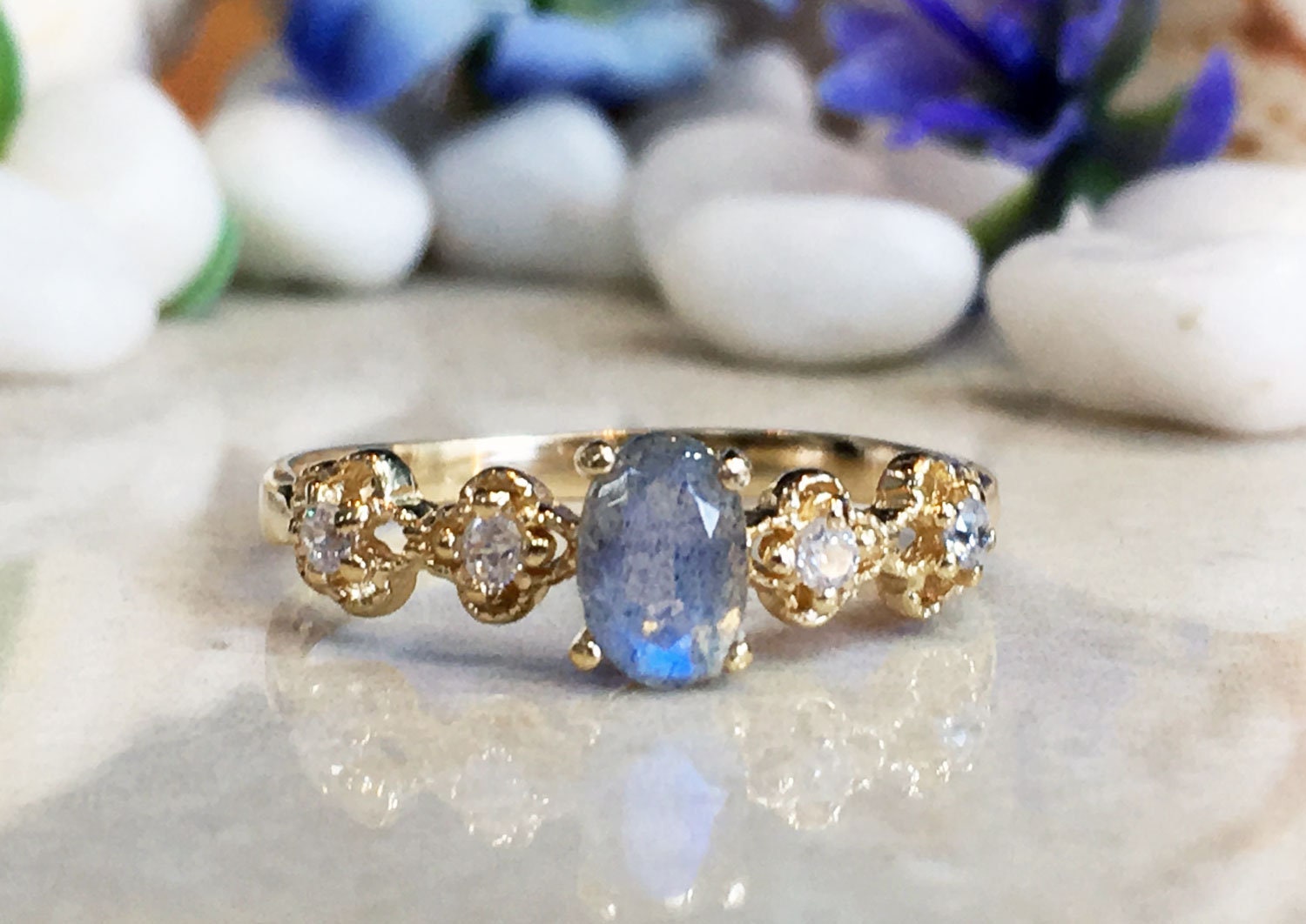Oval Labradorite Flower Ring with Clear Quartz Accents - H.L.Jewelry