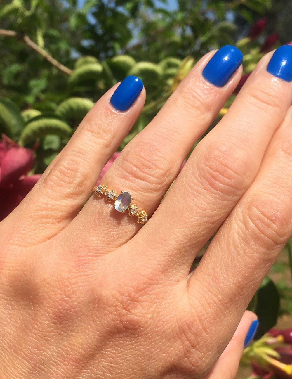 Oval Labradorite Flower Ring with Clear Quartz Accents - H.L.Jewelry