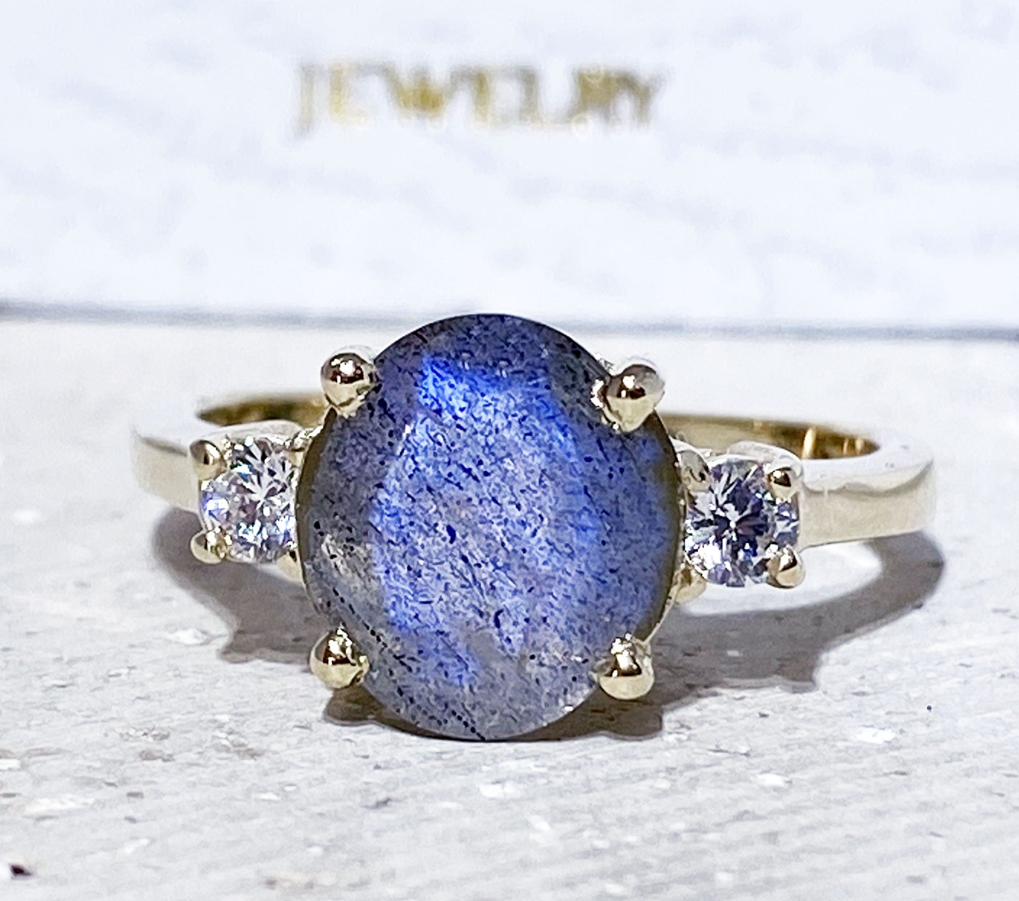 Oval Labradorite Gemstone Ring with Clear Quartz Accents - H.L.Jewelry