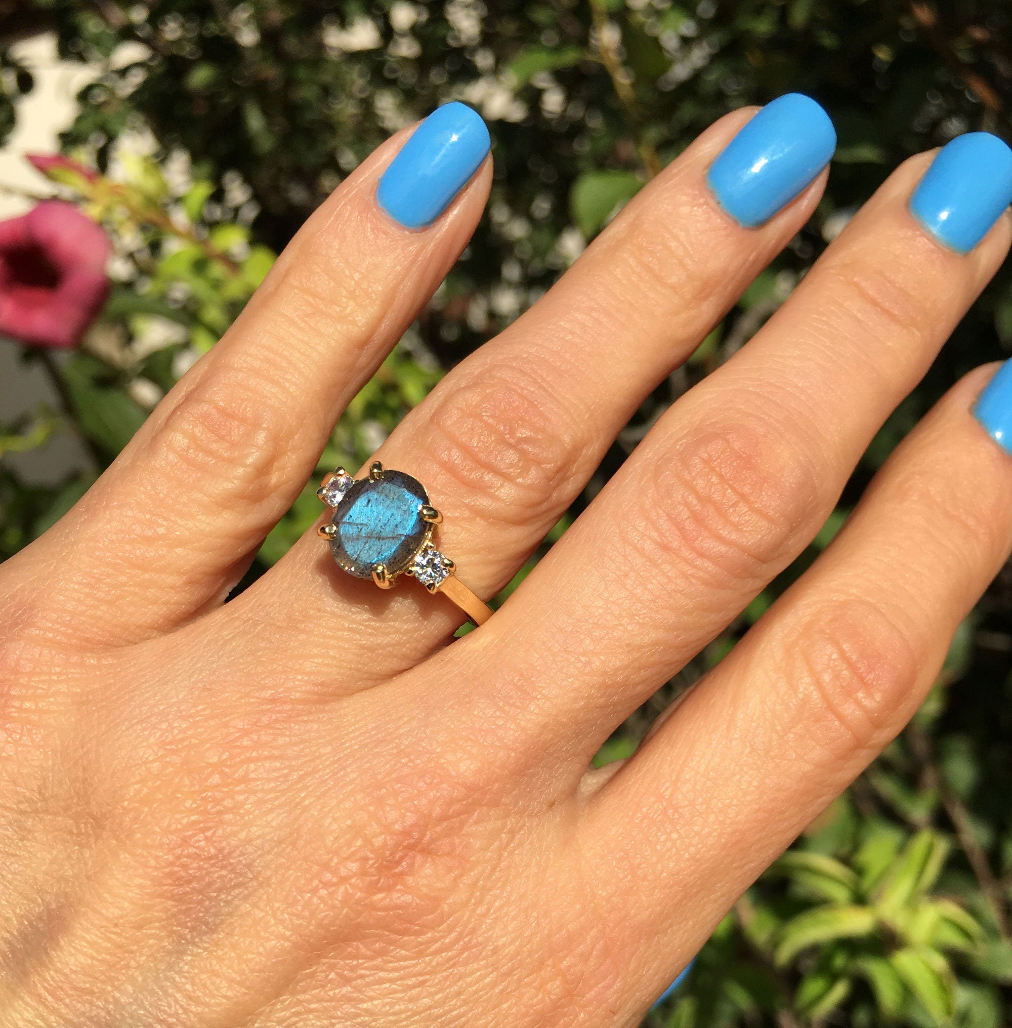 Oval Labradorite Gemstone Ring with Clear Quartz Accents - H.L.Jewelry