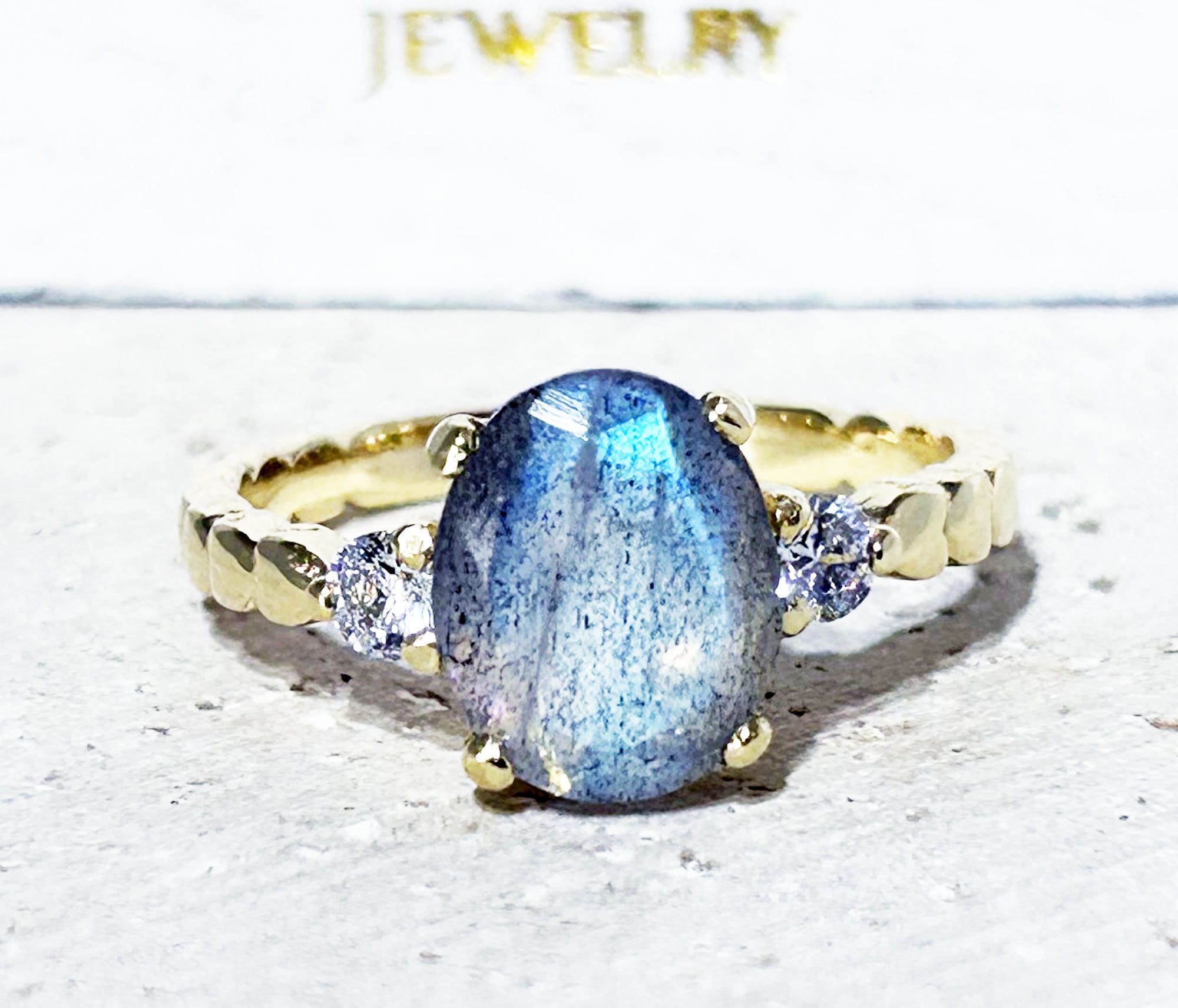 Oval Labradorite Gemstone Ring with Clear Quartz Accents - H.L.Jewelry