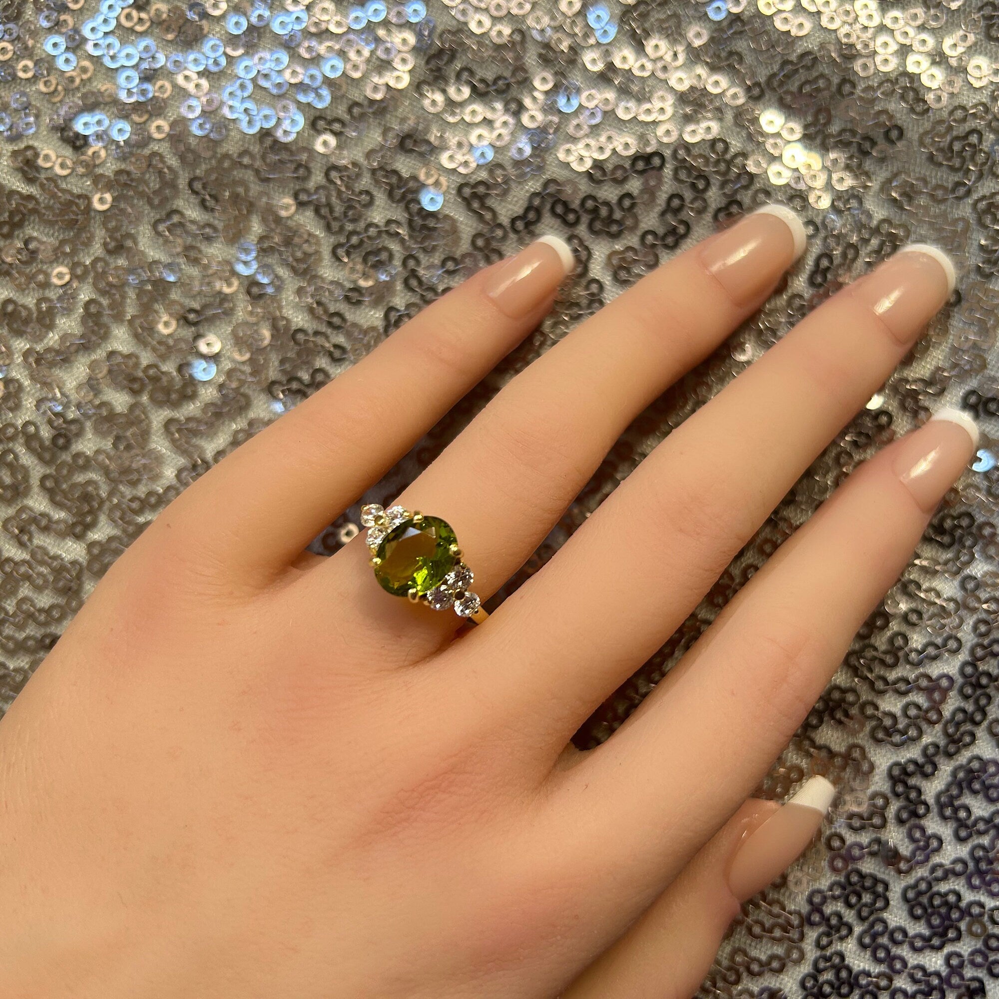 Oval Peridot Engagement Ring with Clear Quartz Accents - H.L.Jewelry
