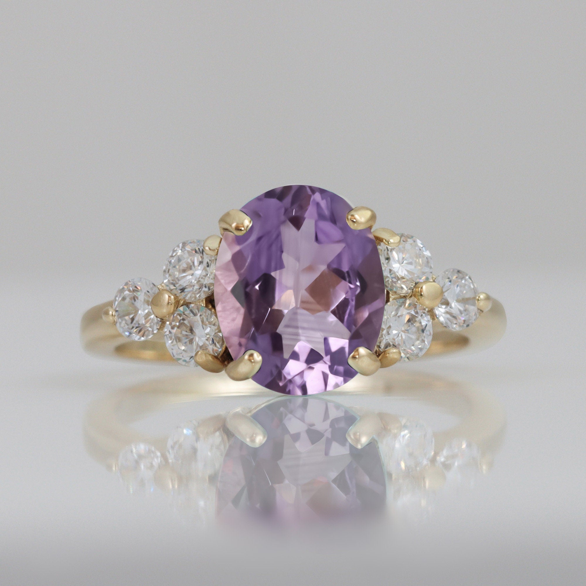 Oval Purple Amethyst Engagement Ring with Clear Quartz Accents - H.L.Jewelry
