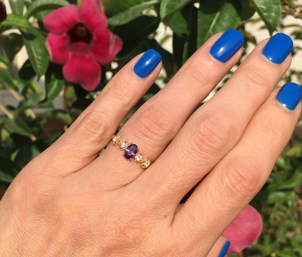 Oval Purple Amethyst Flower Ring with Clear Quartz Accents - H.L.Jewelry
