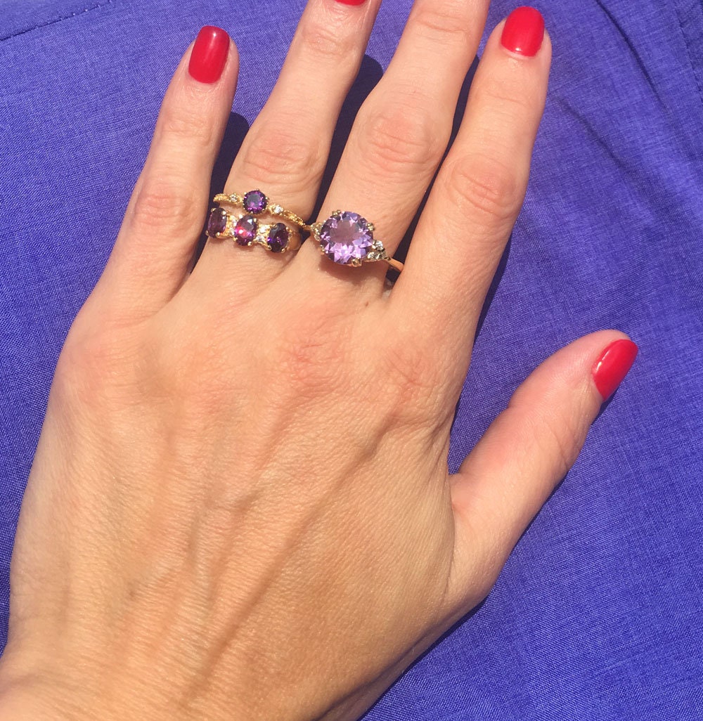Oval Purple Amethyst Three Stone Ring with Clear Quartz Accents - H.L.Jewelry