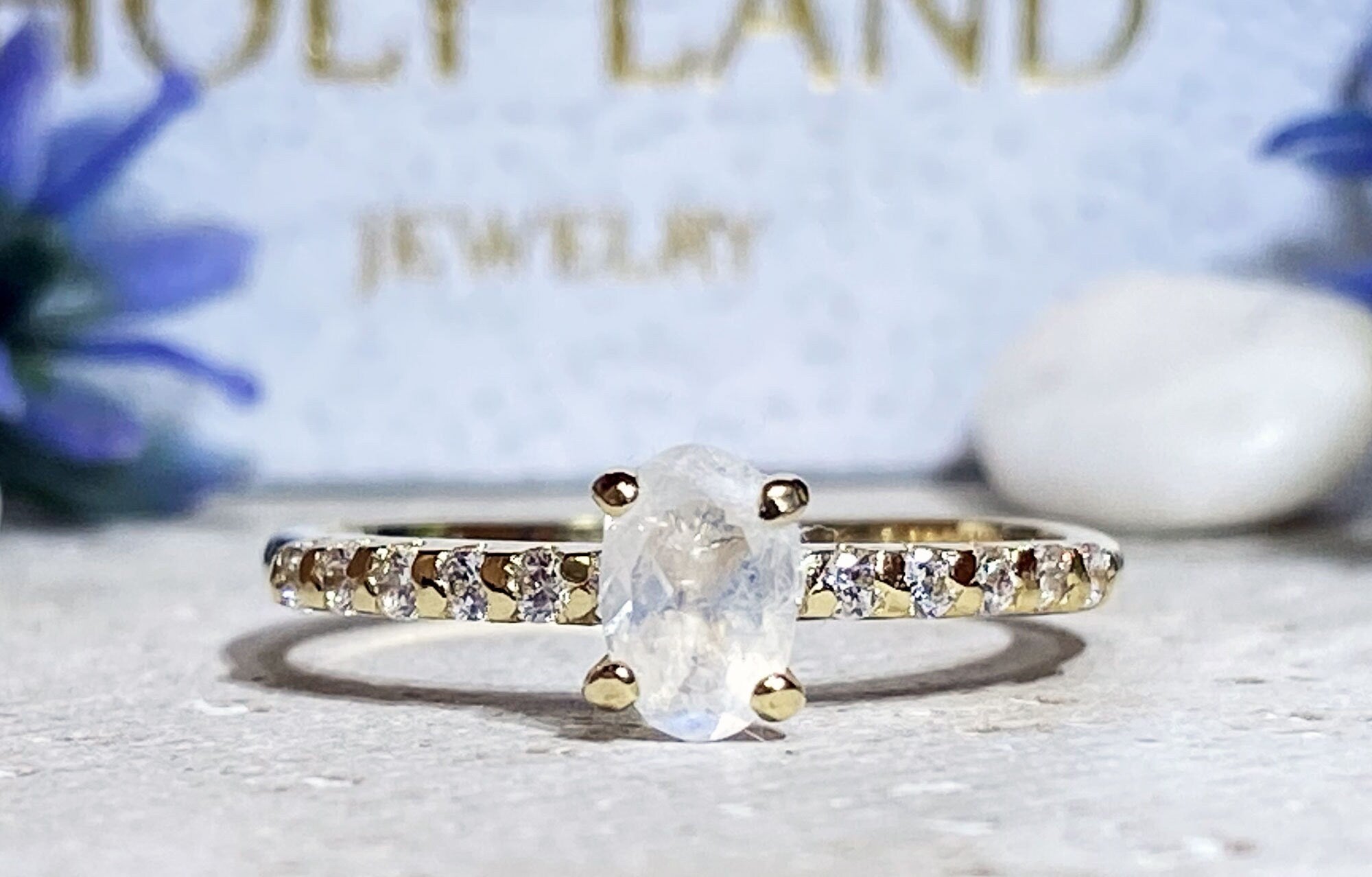 Oval Rainbow Moonstone Delicate Ring with Clear Quartz Accents - H.L.Jewelry