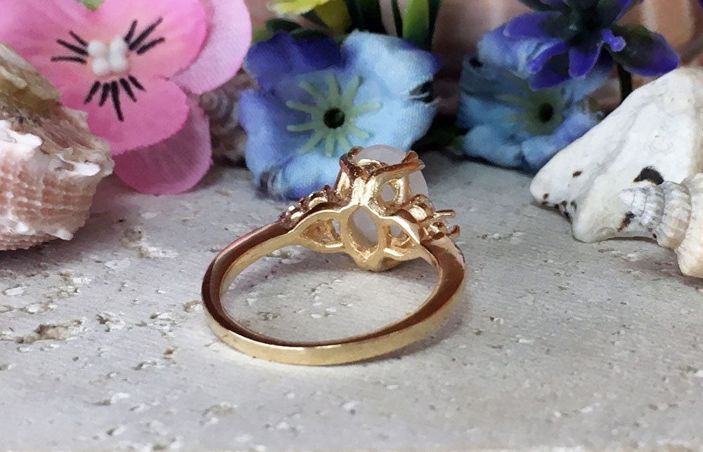 Oval Rainbow Moonstone Engagement Ring with Clear Quartz Accents - H.L.Jewelry