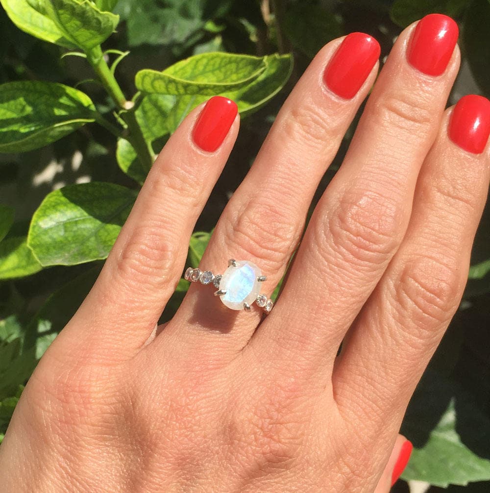 Oval Rainbow Moonstone Engagement Ring with Clear Quartz Accents - H.L.Jewelry