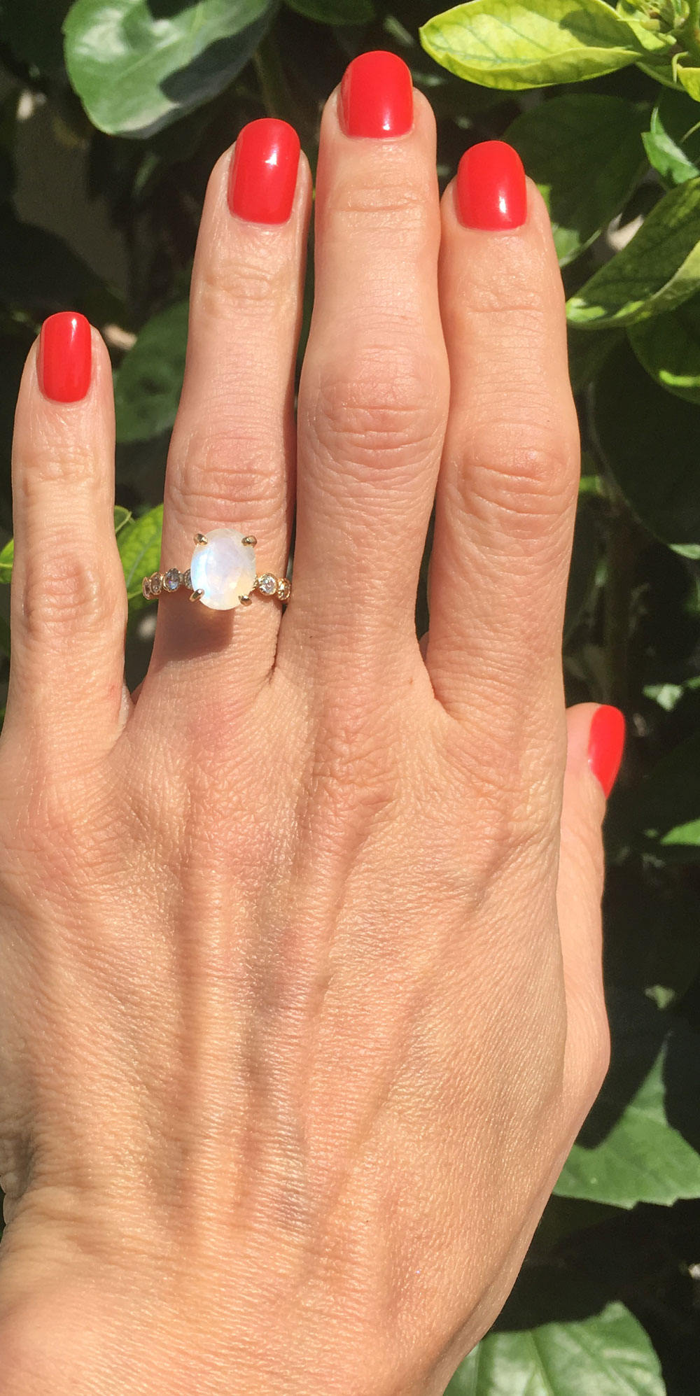 Oval Rainbow Moonstone Engagement Ring with Clear Quartz Accents - H.L.Jewelry