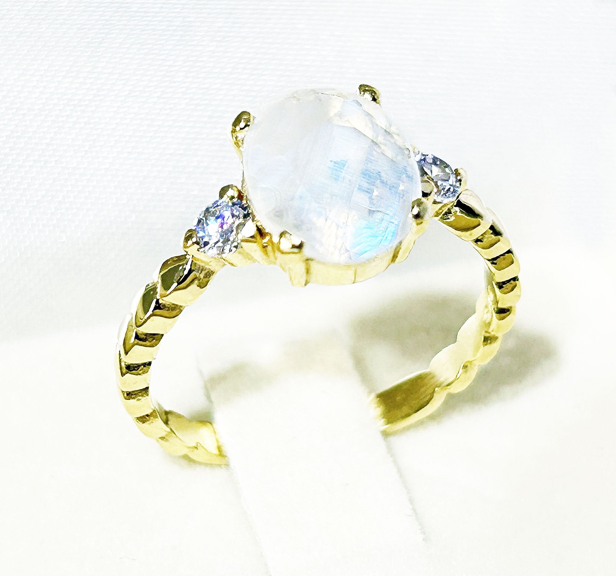 Oval Rainbow Moonstone Ring with Clear Quartz Accents - H.L.Jewelry