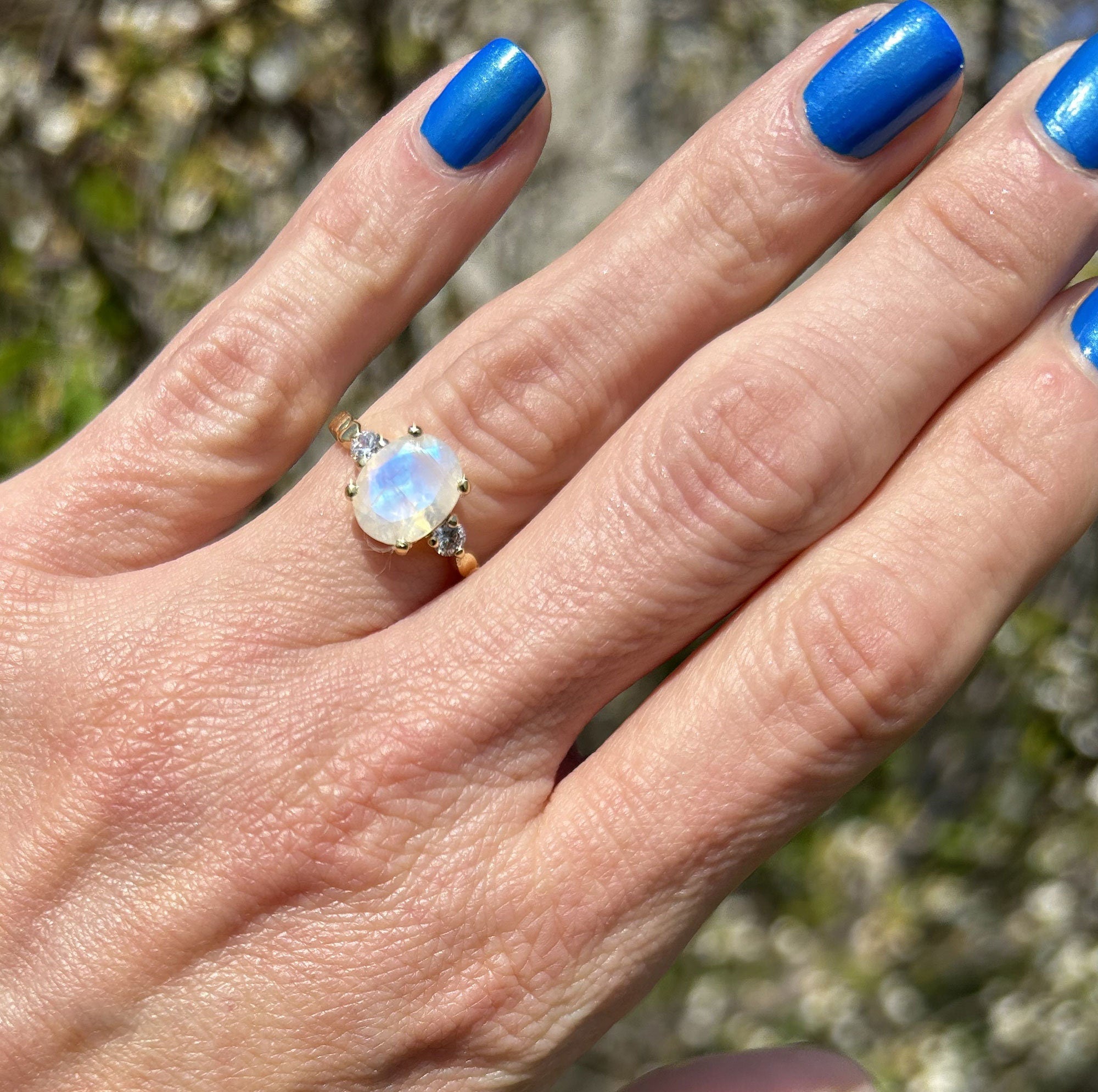 Oval Rainbow Moonstone Ring with Clear Quartz Accents - H.L.Jewelry