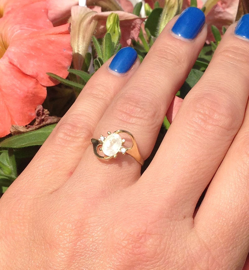 Oval Rainbow Moonstone Ring with Clear Quartz Accents - H.L.Jewelry