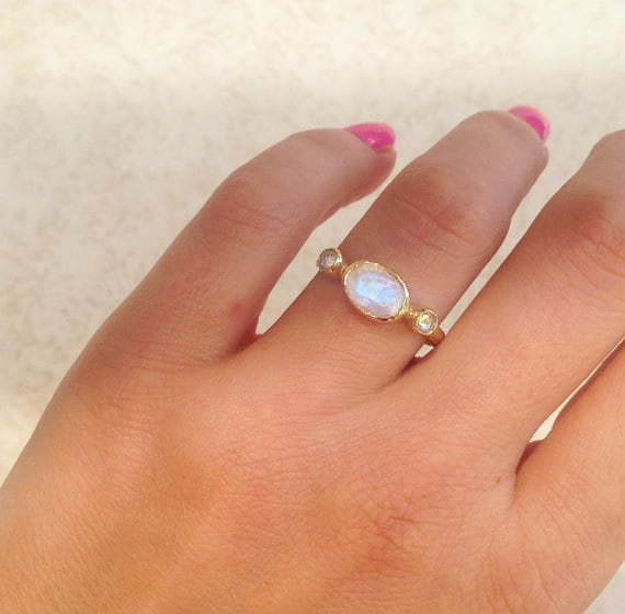 Oval Rainbow Moonstone Three Stone Bezel Ring with Clear Quartz Accents - H.L.Jewelry