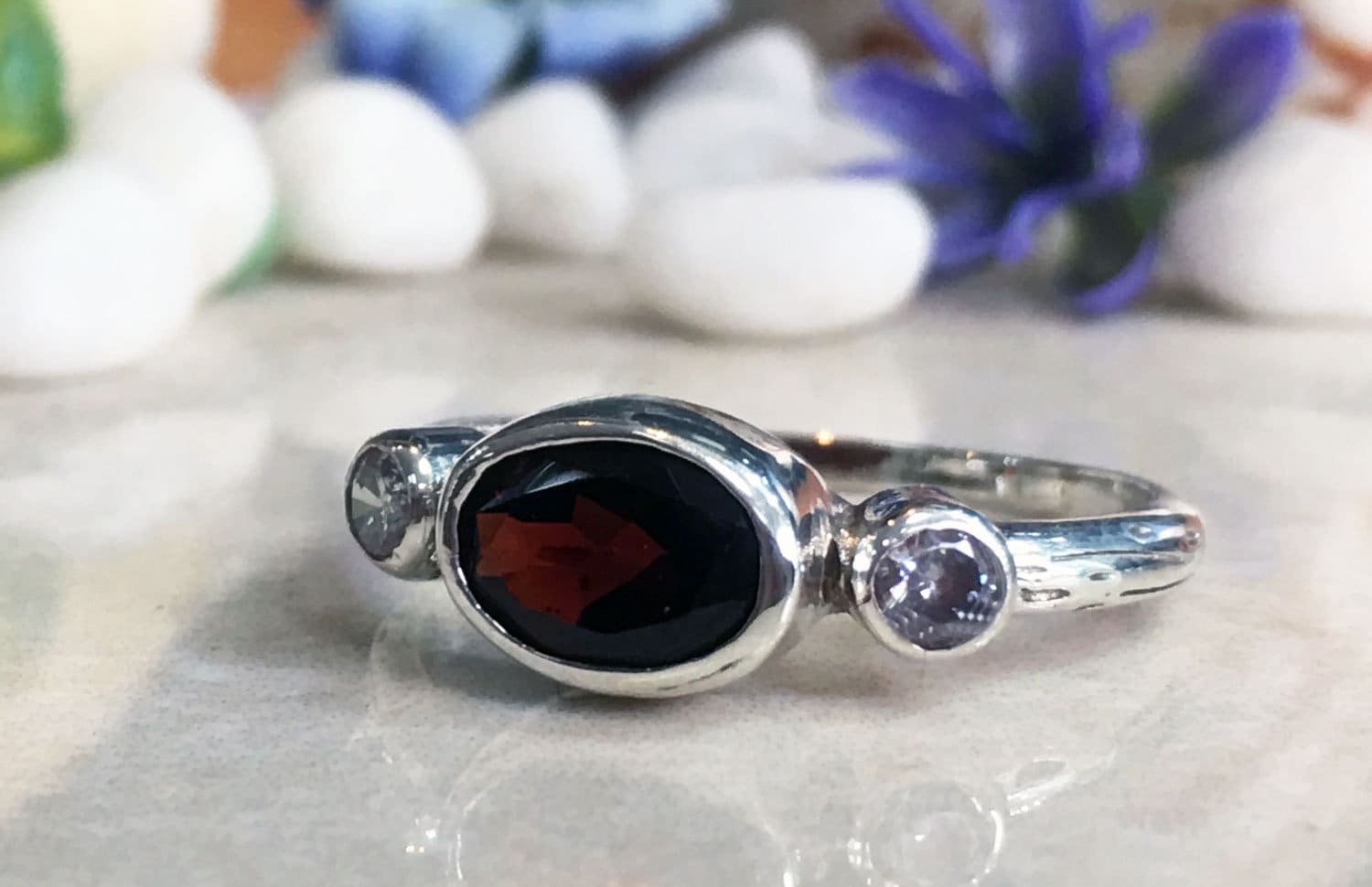 Oval Red Garnet Bezel Ring with Clear Quartz Accents - H.L.Jewelry