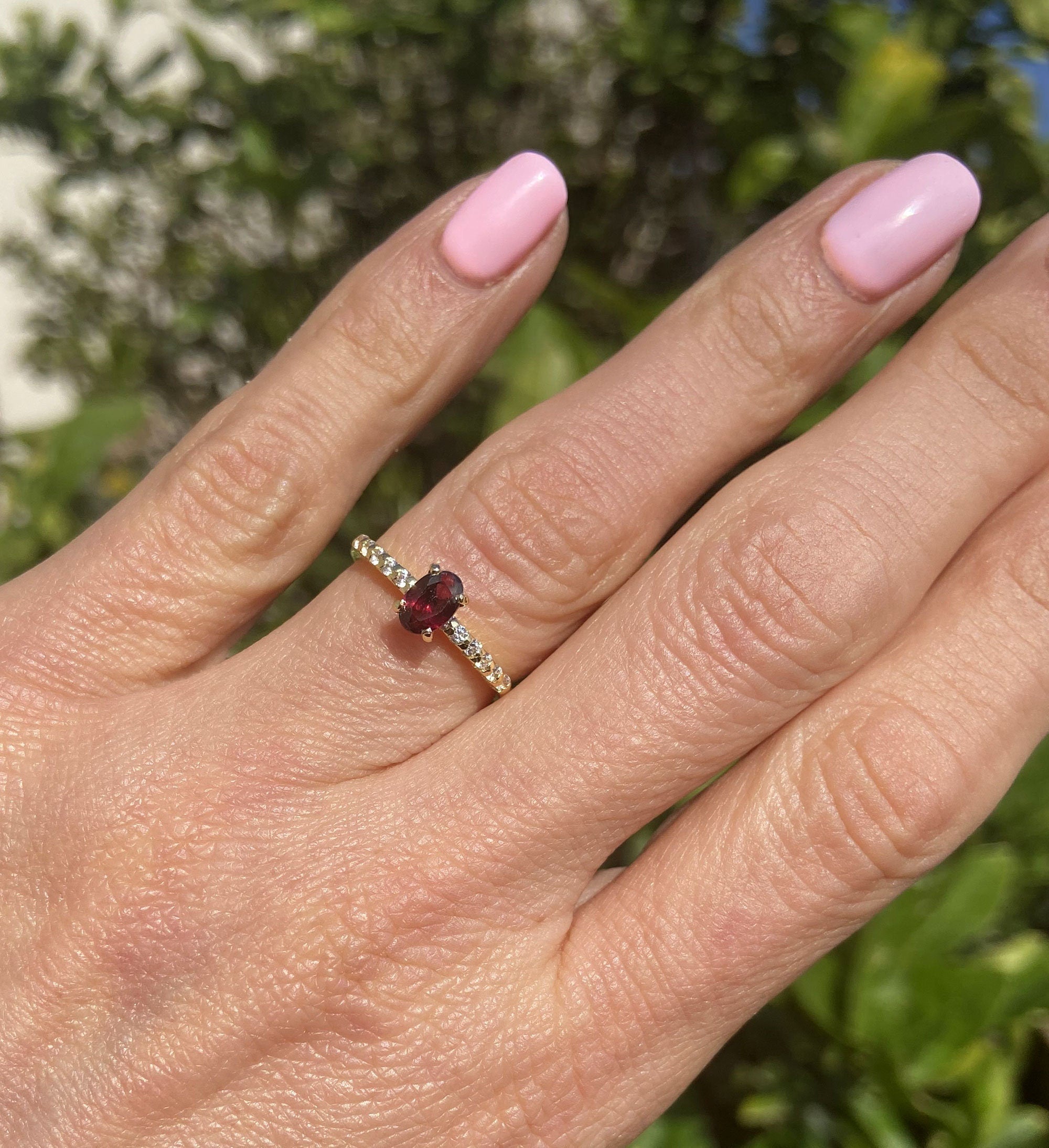 Oval Red Garnet Delicate Ring with Clear Quartz Accents - H.L.Jewelry