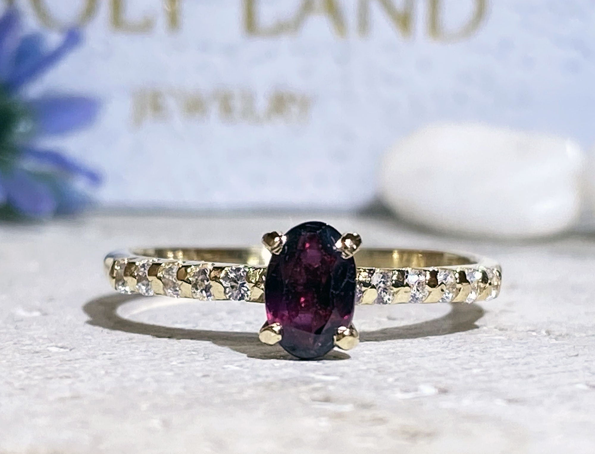 Oval Red Garnet Delicate Ring with Clear Quartz Accents - H.L.Jewelry