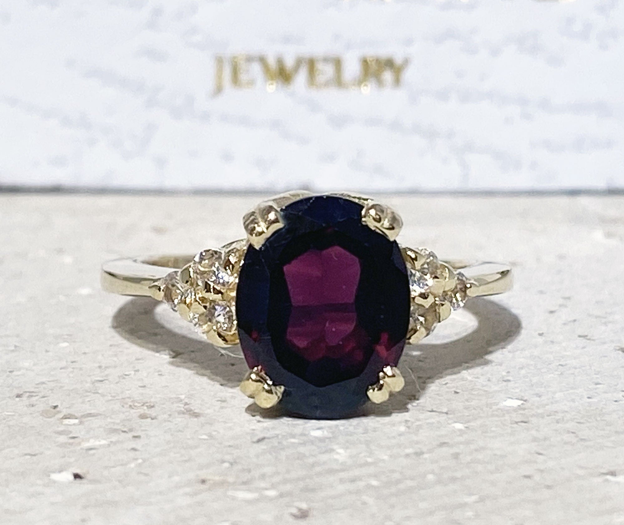 Oval Red Garnet Engagement Ring with Clear Quartz Accents - H.L.Jewelry