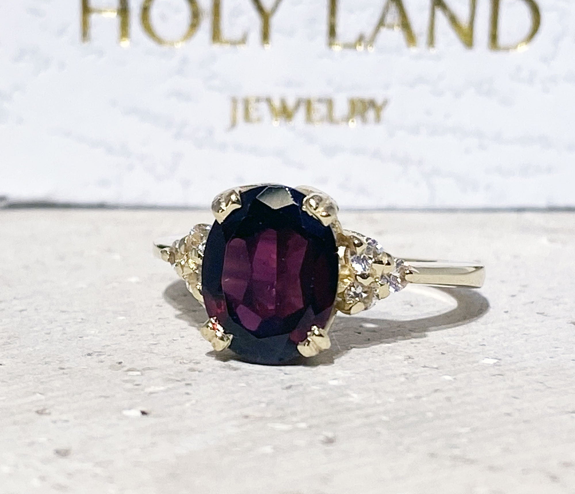 Oval Red Garnet Engagement Ring with Clear Quartz Accents - H.L.Jewelry