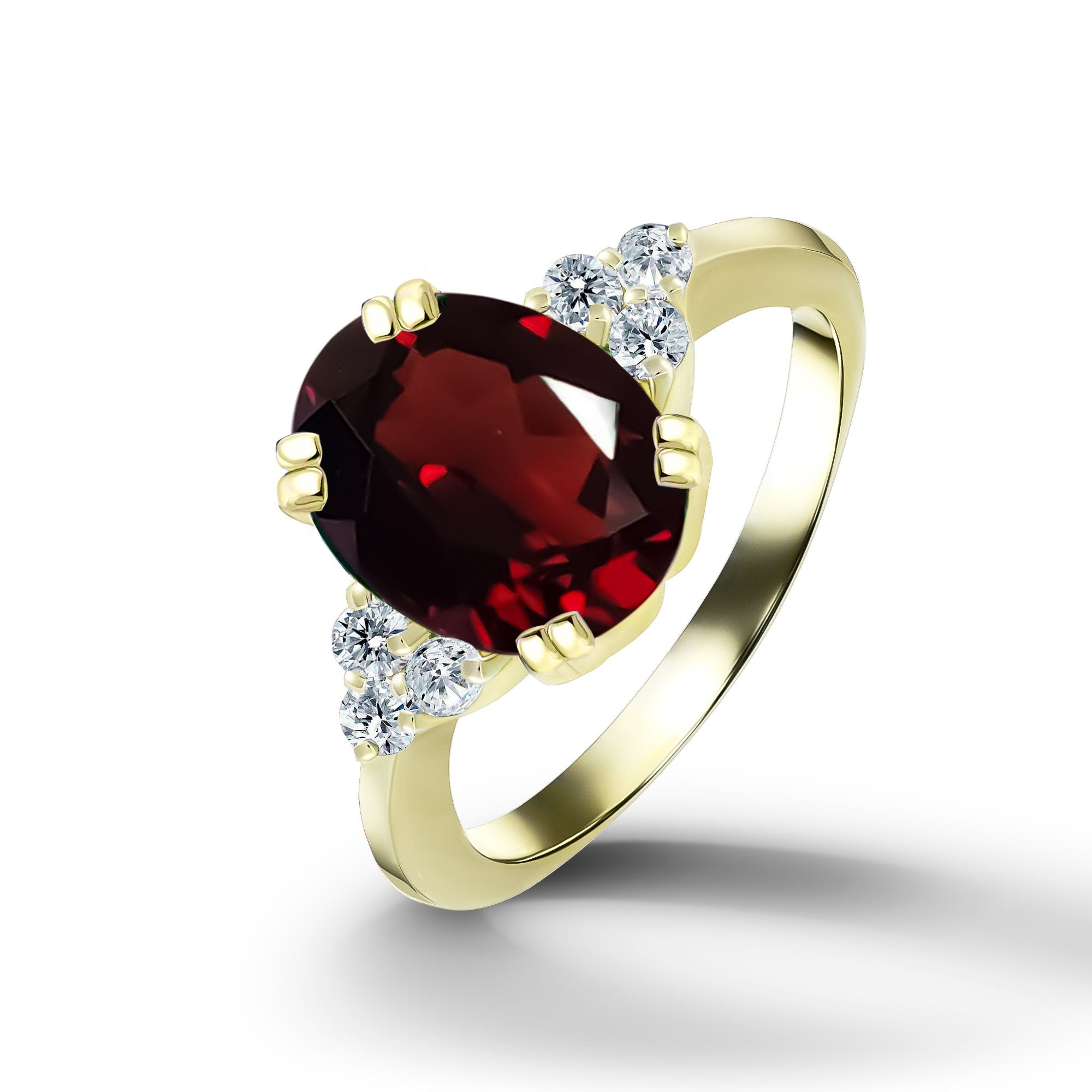 Oval Red Garnet Engagement Ring with Clear Quartz Accents - H.L.Jewelry