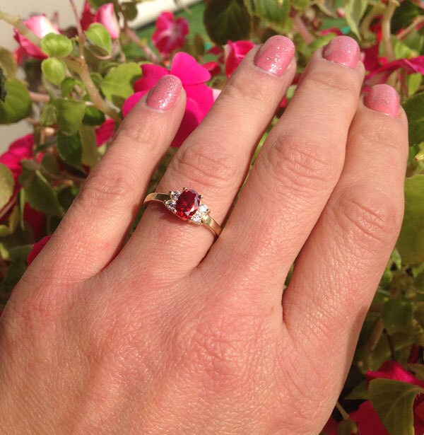 Oval Red Garnet Ring with Clear Quartz Accents - H.L.Jewelry