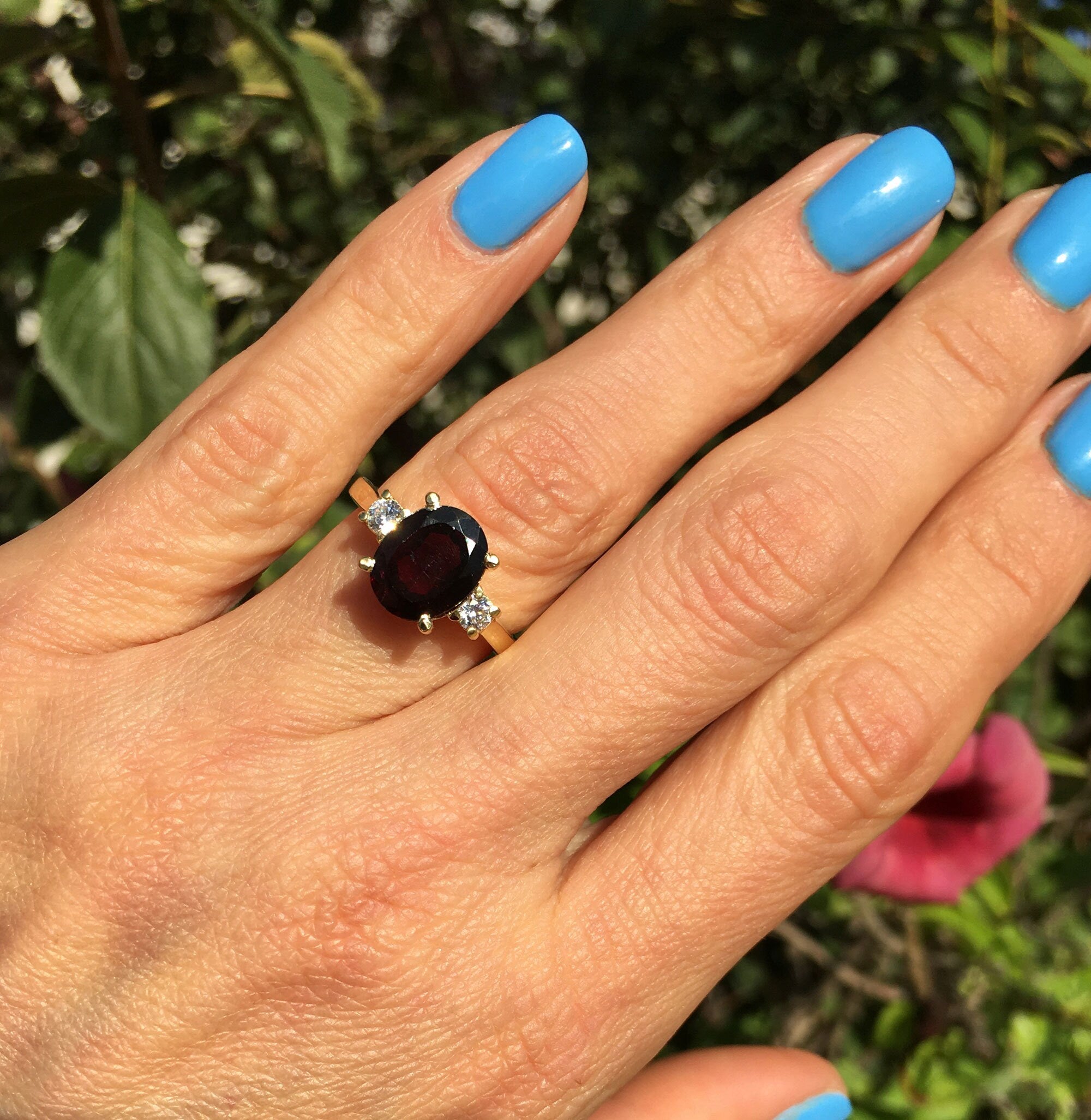 Oval Red Garnet Statement Ring with Clear Quartz Accents - H.L.Jewelry