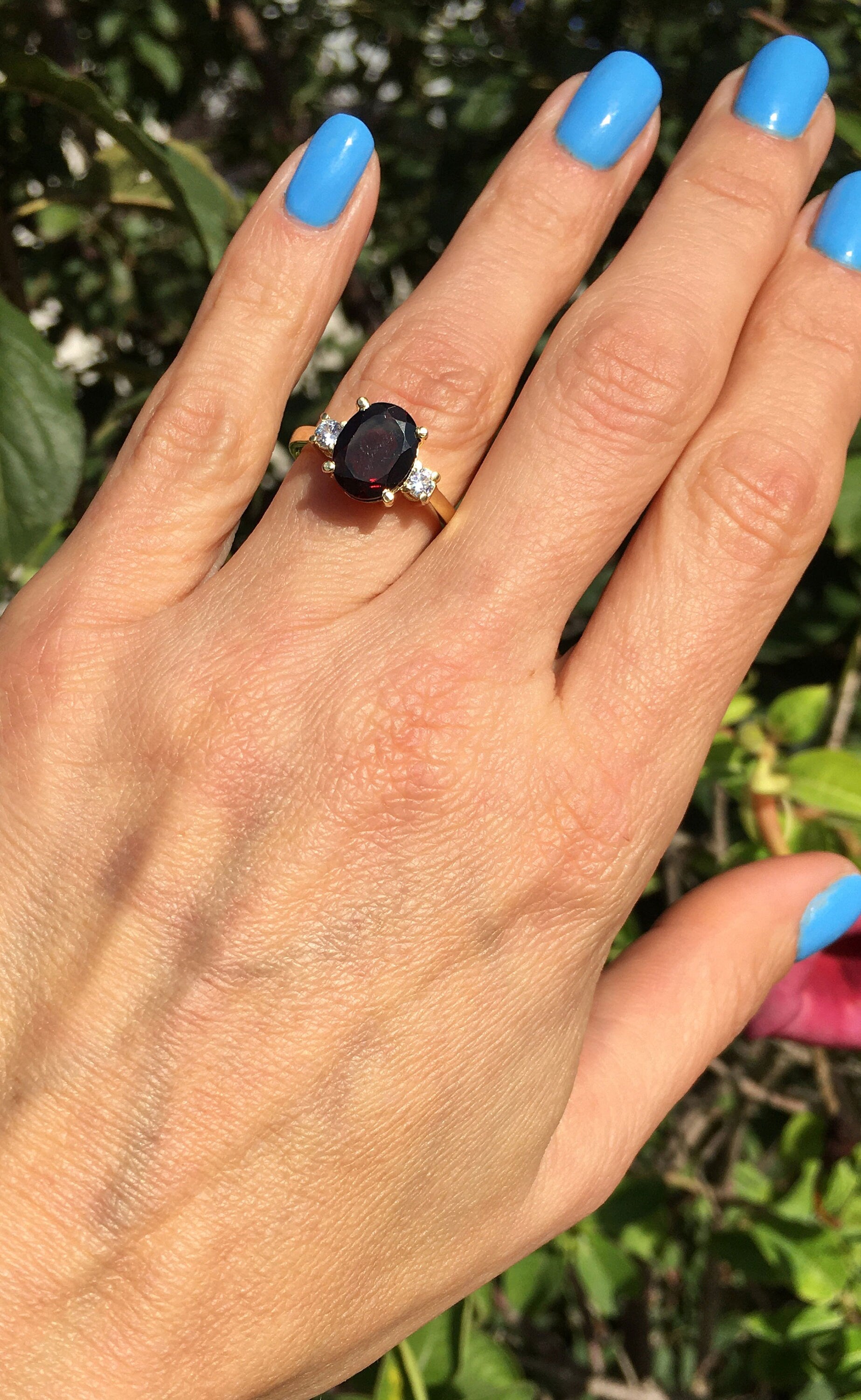 Oval Red Garnet Statement Ring with Clear Quartz Accents - H.L.Jewelry