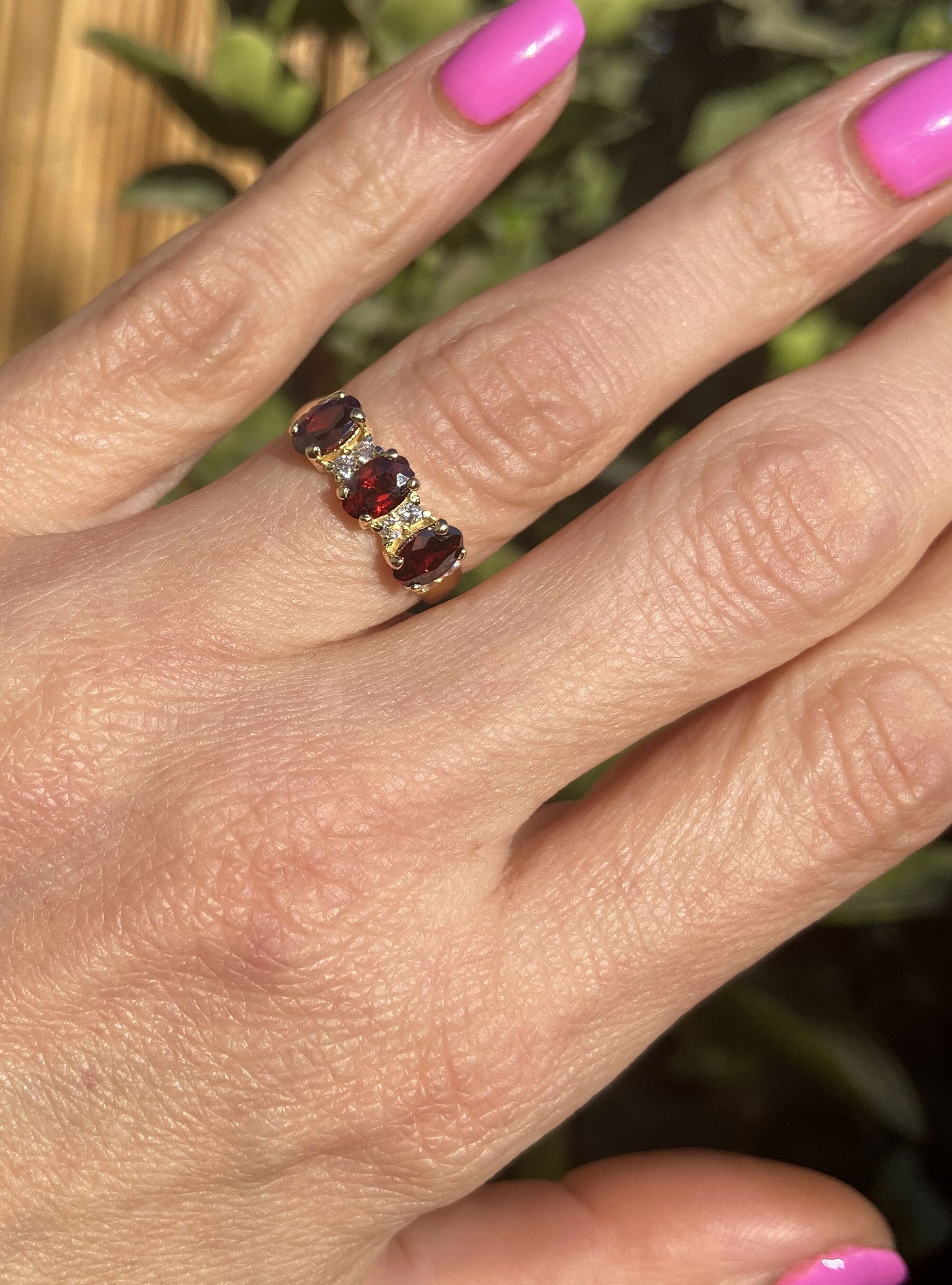 Oval Red Garnet Three-Stone Ring with Clear Quartz Accents - H.L.Jewelry