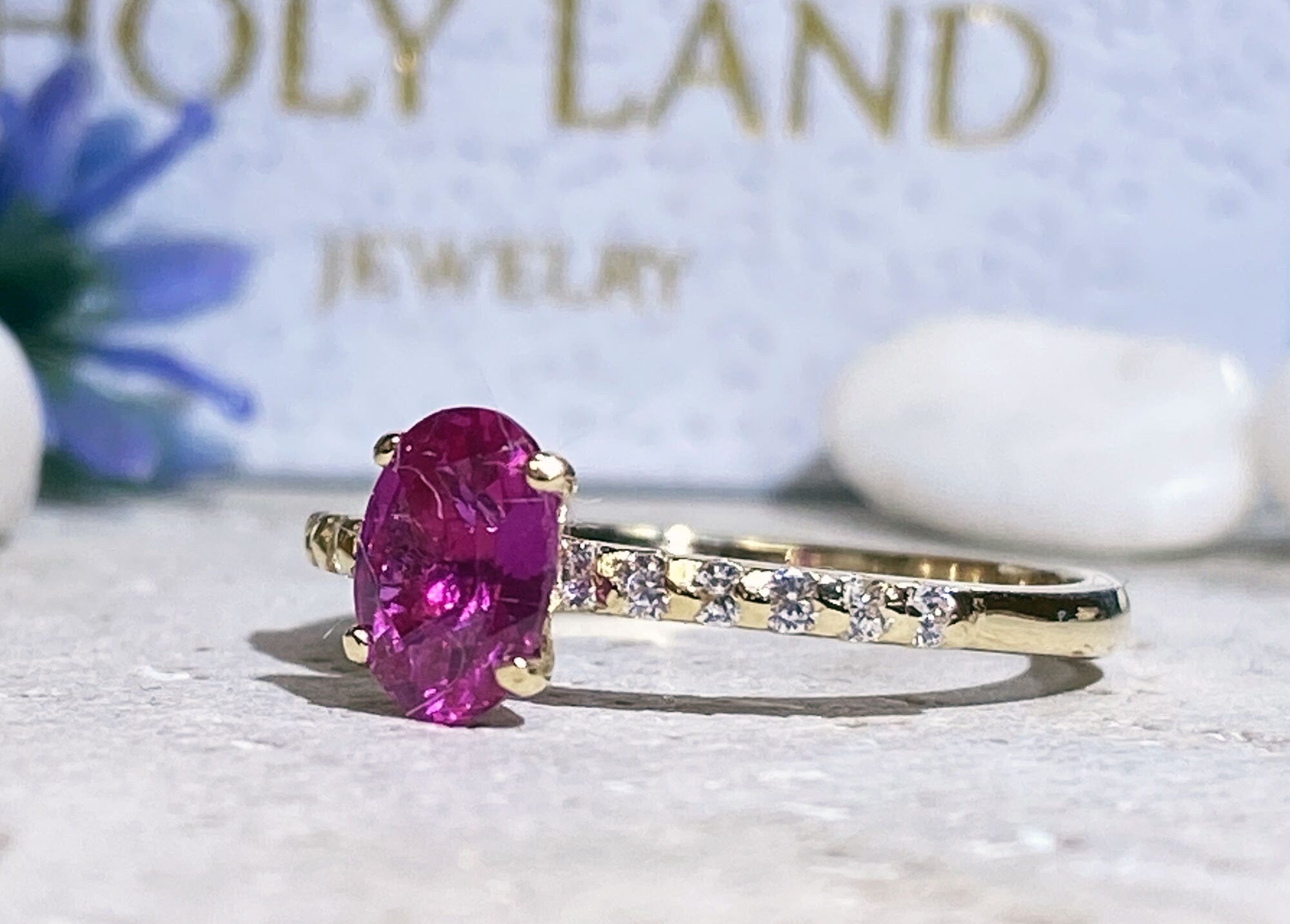 Oval Ruby Delicate Ring with Clear Quartz Accents - H.L.Jewelry