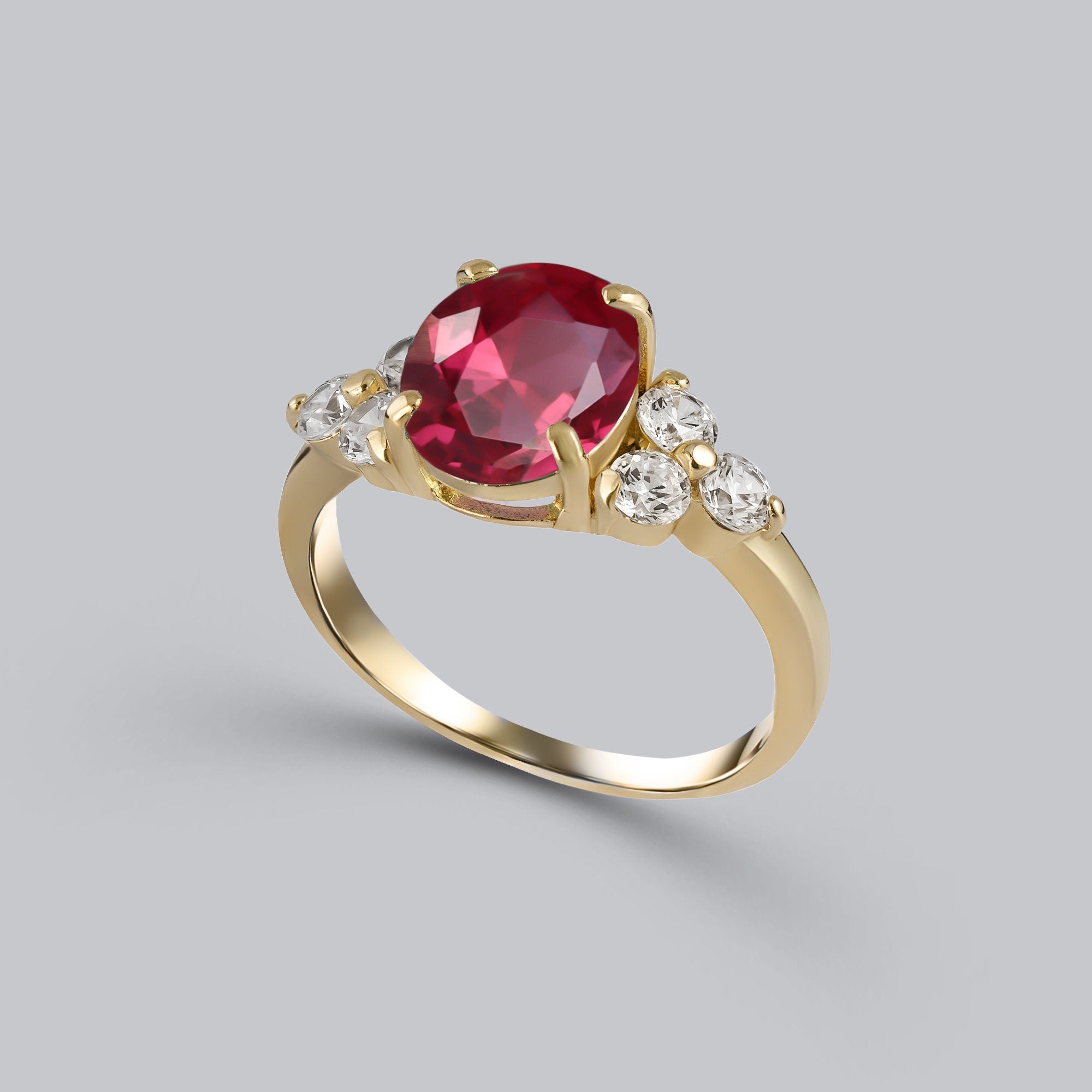 Oval Ruby Engagement Ring with Clear Quartz Trio Accents - H.L.Jewelry