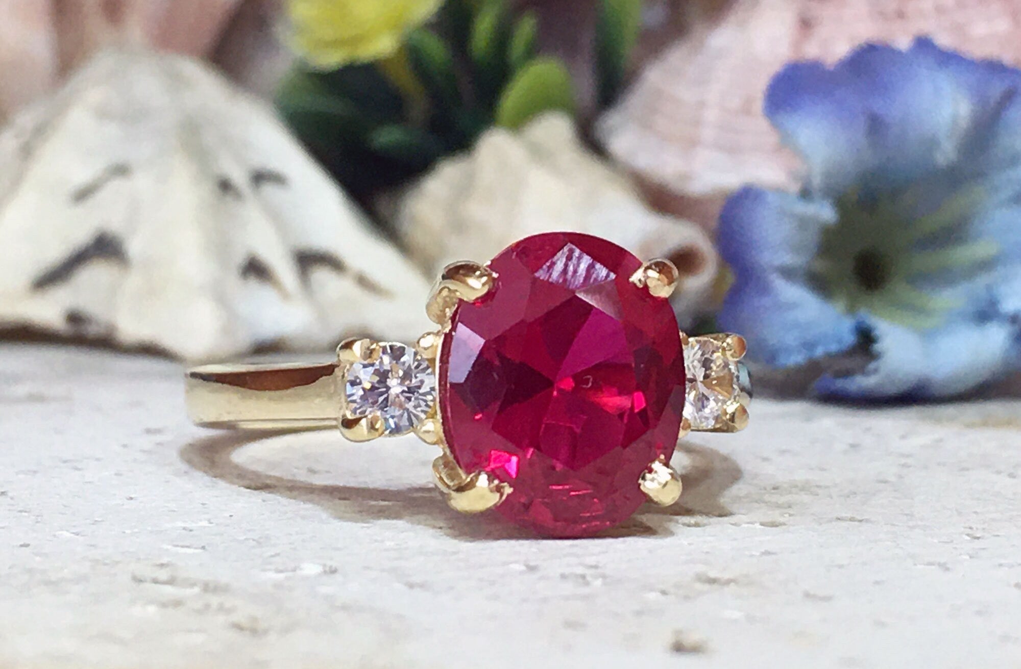 Oval Ruby Statement Ring with Clear Quartz Accents - H.L.Jewelry
